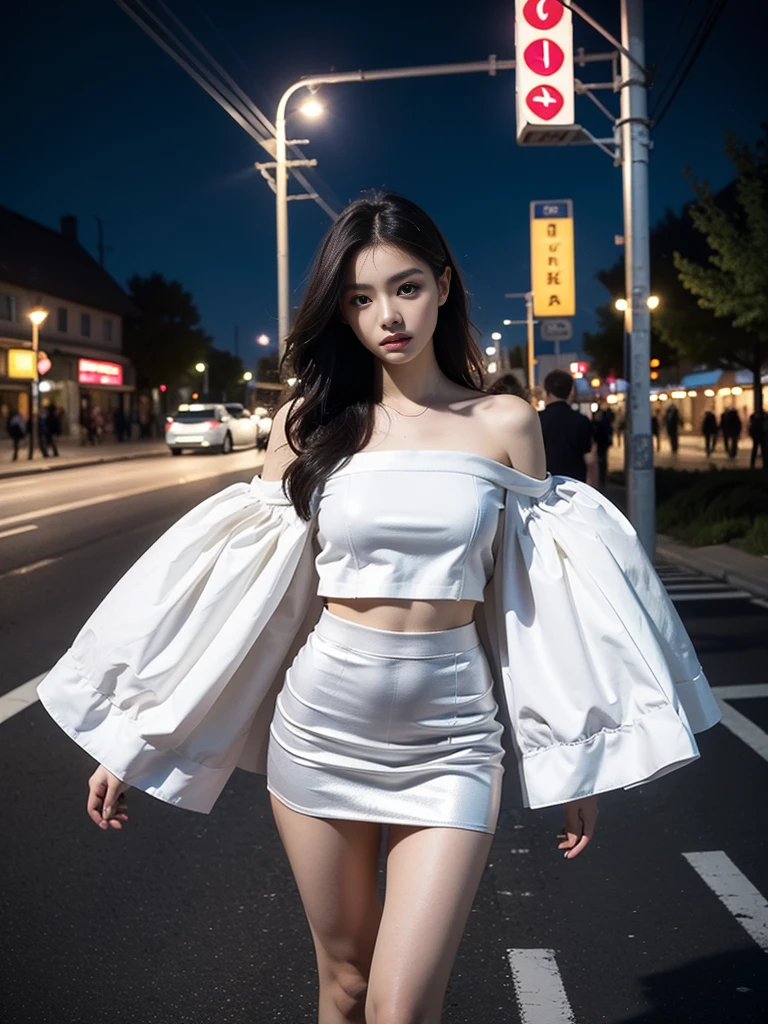 Estampados florales, (Night view background:1.5), (1girll:1.6), Long hair, ulzzang-6500v1.1, (Source language: 1.2), (Realistic: 1.3), beautiful girl with beautiful details, Extremely detailed eyes and face, Eyes with beautiful details, Absurd, unbelievable Ridiculous, hugefilesize, Ultra detail, high resolution, Ultra detailed, Best quality, Masterpiece, illustration, Ultra detailed and beautiful, Ultra detailed, CG, Unity, 8K wallpaper, Amazing, finedetail, Masterpiece, Top quality, offcial art, Extremely detailed Cg Unity 8K wallpaper, Cinematic lighting, (Perfect shiny skin:0.6), Slim and smooth lines, (Floating),1womanl, Sexy street girl, As a well-known Instagram influencer,(ta costume:1.2),(Dynamic clothing color scheme),(cropped shoulders,Superskirt), standing, At night at a busy intersection crosswalk, view the viewer, (Shoot from the thigh upwards:1.5), Seductive,Clear face,Look at the audience,(ultra realistic 8k photography),Clear details,