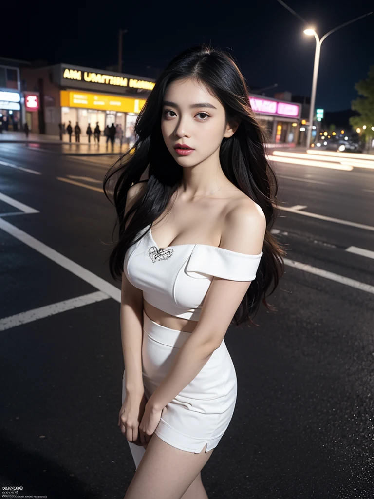 Estampados florales, (Night view background:1.5), (1girll:1.6), Long hair, ulzzang-6500v1.1, (Source language: 1.2), (Realistic: 1.3), beautiful girl with beautiful details, Extremely detailed eyes and face, Eyes with beautiful details, Absurd, unbelievable Ridiculous, hugefilesize, Ultra detail, high resolution, Ultra detailed, Best quality, Masterpiece, illustration, Ultra detailed and beautiful, Ultra detailed, CG, Unity, 8K wallpaper, Amazing, finedetail, Masterpiece, Top quality, offcial art, Extremely detailed Cg Unity 8K wallpaper, Cinematic lighting, (Perfect shiny skin:0.6), Slim and smooth lines, (Floating),1womanl, Sexy street girl, As a well-known Instagram influencer,(Lolita costume:1.2),(Dynamic clothing color scheme),(cropped shoulders,Superskirt), standing, At night at a busy intersection crosswalk, view the viewer, (Shoot from the thigh upwards:1.5), Seductive,Clear face,Look at the audience,(ultra realistic 8k photography),Clear details,