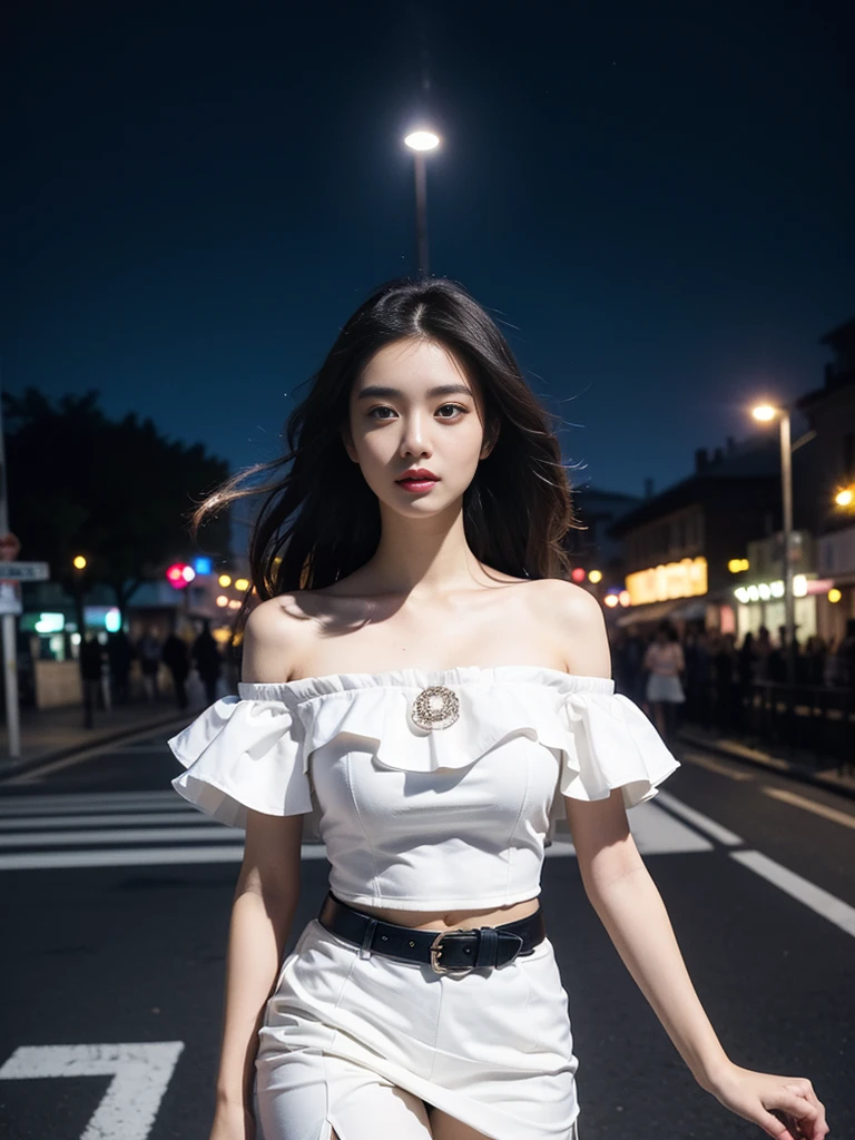 Estampados florales, (Night view background:1.5), (1girll:1.6), Long hair, ulzzang-6500v1.1, (Source language: 1.2), (Realistic: 1.3), beautiful girl with beautiful details, Extremely detailed eyes and face, Eyes with beautiful details, Absurd, unbelievable Ridiculous, hugefilesize, Ultra detail, high resolution, Ultra detailed, Best quality, Masterpiece, illustration, Ultra detailed and beautiful, Ultra detailed, CG, Unity, 8K wallpaper, Amazing, finedetail, Masterpiece, Top quality, offcial art, Extremely detailed Cg Unity 8K wallpaper, Cinematic lighting, (Perfect shiny skin:0.6), Slim and smooth lines, (Floating),1womanl, Sexy street girl, As a well-known Instagram influencer,(Lolita costume:1.2),(Dynamic clothing color scheme)，(cropped shoulders，Superskirt)， standing, At night at a busy intersection crosswalk, view the viewer, (Shoot from the thigh upwards:1.5), Seductive，Clear face，Look at the audience，(ultra realistic 8k photography)，Clear details，