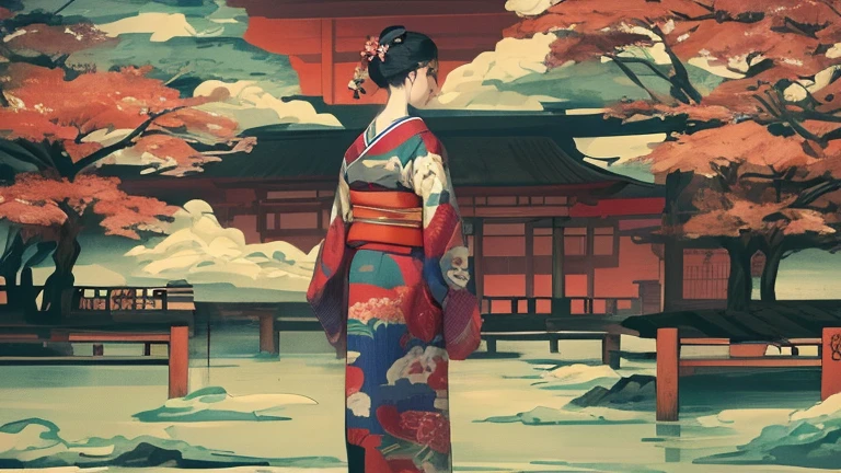 A painting of a woman in a kimono standing on a boat, The art of Japan style, inspired by Utagawa Hiroshige II, In the Ukiyo-e art style, inspired by Koson Ohara, The art of Japan art, Ukiyo-e style, Ukiyo-e style, The art of Japan, feudal japan art, The art of Japan on behance