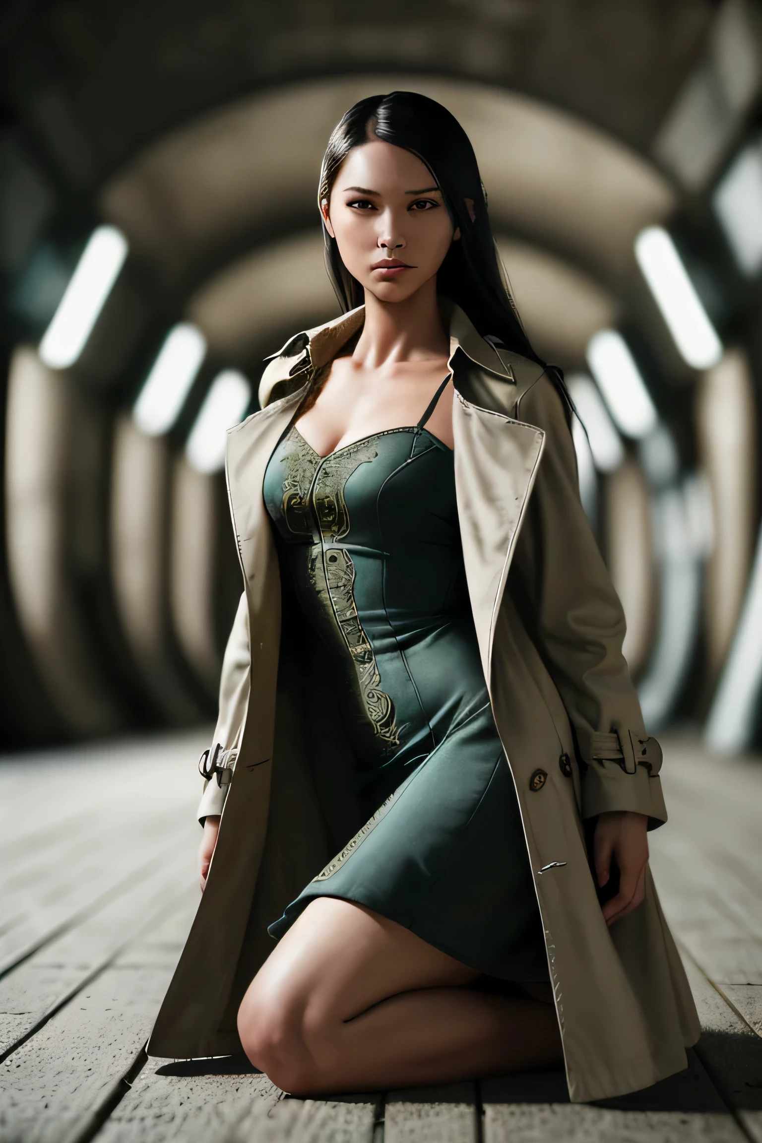 (masterpiece), (extremely intricate:1.3), (realistic), a girl, (future nostalgia), (dynamic perspective), dynamic angle, the most beautiful in the world, (slouching on the floor), trench coat, camisole dress, smirk, tunnel, professional photograph of a stunning woman detailed, sharp focus, dramatic, award winning, cinematic lighting, octane render unreal engine, volumetrics dtx, (film grain, blurry background, blurry foreground, bokeh, depth of field)