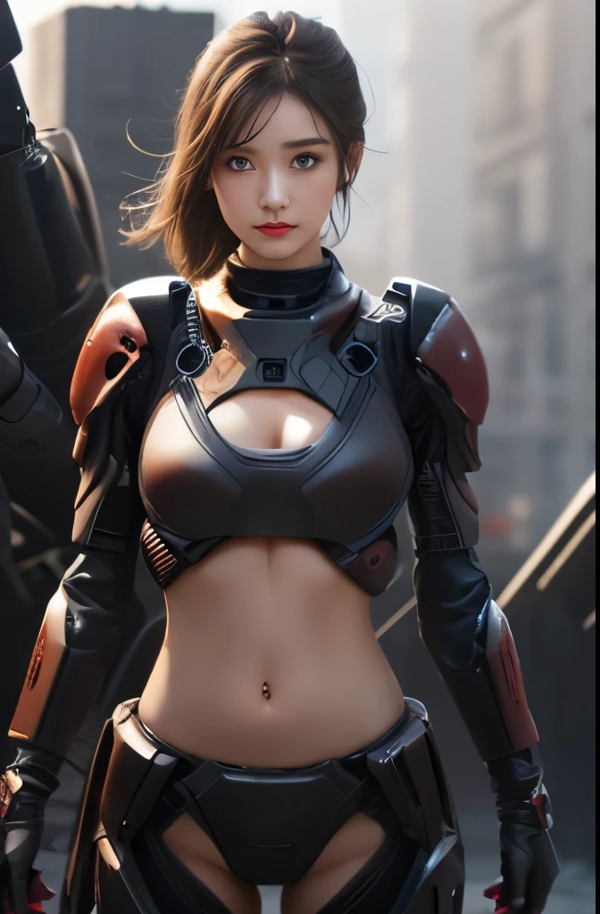 a beautiful woman, plump curvy body, short hair, crop top red ironman suit, cleavage, perfect abs, high thighs, at battlefield, (best quality,4k,8k,highres,masterpiece:1.2),ultra-detailed,(realistic,photorealistic,photo-realistic:1.37),hyper detailed,intricate details,octane render,cinematic lighting,dramatic angle,dramatic atmosphere,extremely detailed female character,digital painting,concept art,mecha,dark sci-fi,cyberpunk,gritty,war scene,dystopian,vibrant colors,dynamic pose