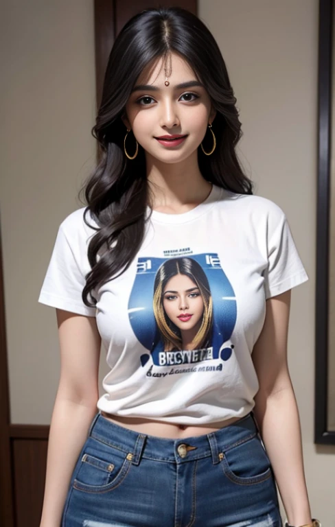 Gorgeous Bollywood supermodel, full body of (A hyper-realistic), (illustration), (high resolution), (8K), (highly detailed), smile, smiling, (The best illustration of beautiful detailed eyes), (top-quality), (ultra-detailed), (masterpiece), (beautiful attractive face), long hair, Earrings with bangs, ((20 year old Indian beautiful girl)), (((wearing jeans and tshirt))) , (((sexy body))) , Elegant Pose, Seduction pose, Looking at the camera, smile on her face, white teeth 