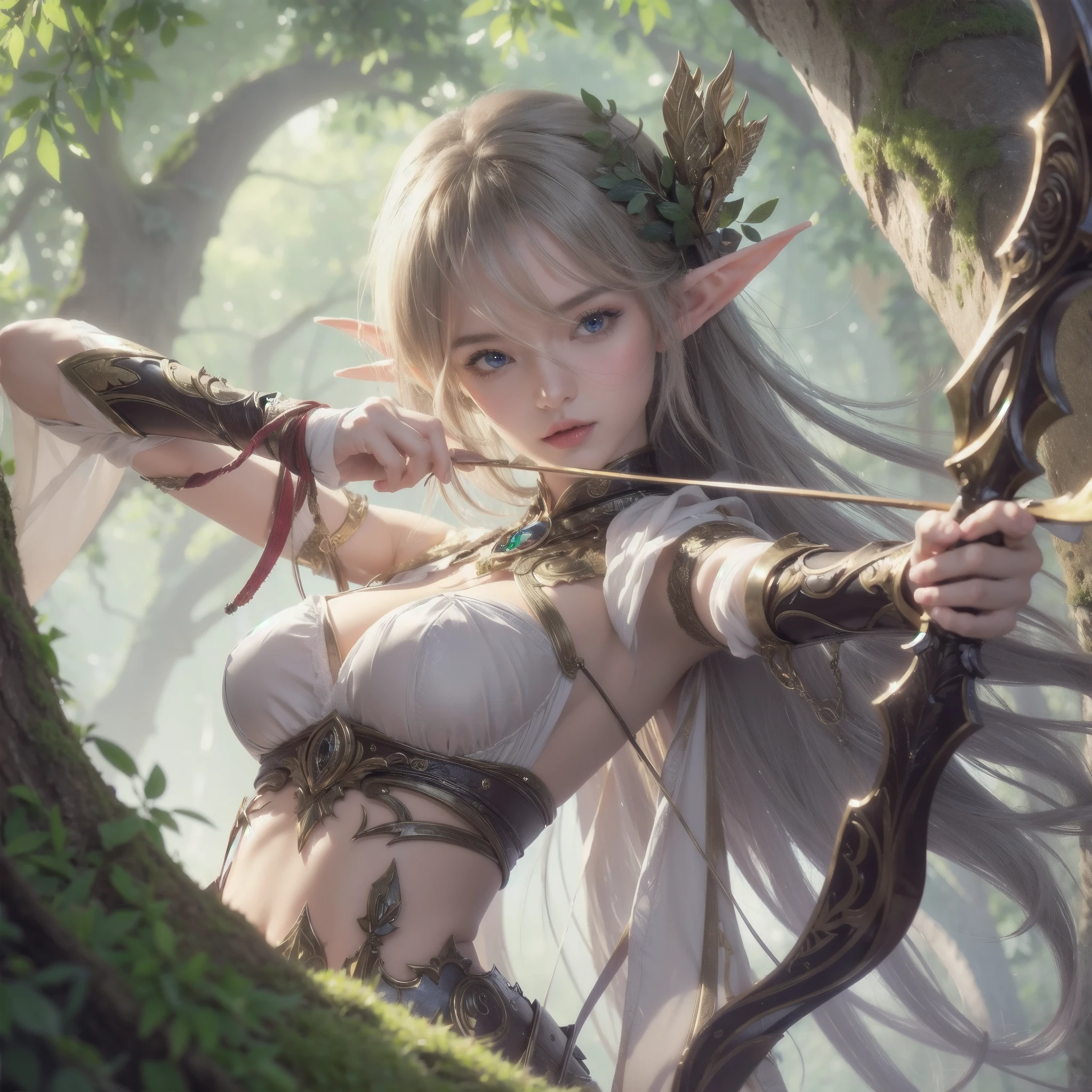 high quality,hd,16k,sharp line,1girl,fantasy,fem
ale elf,thief,beautiful hair ,cute face, large breasts ,nice legs,,focus girl,detailed beautiful face,detailed clothes,beautiful eyes,dynamic angle