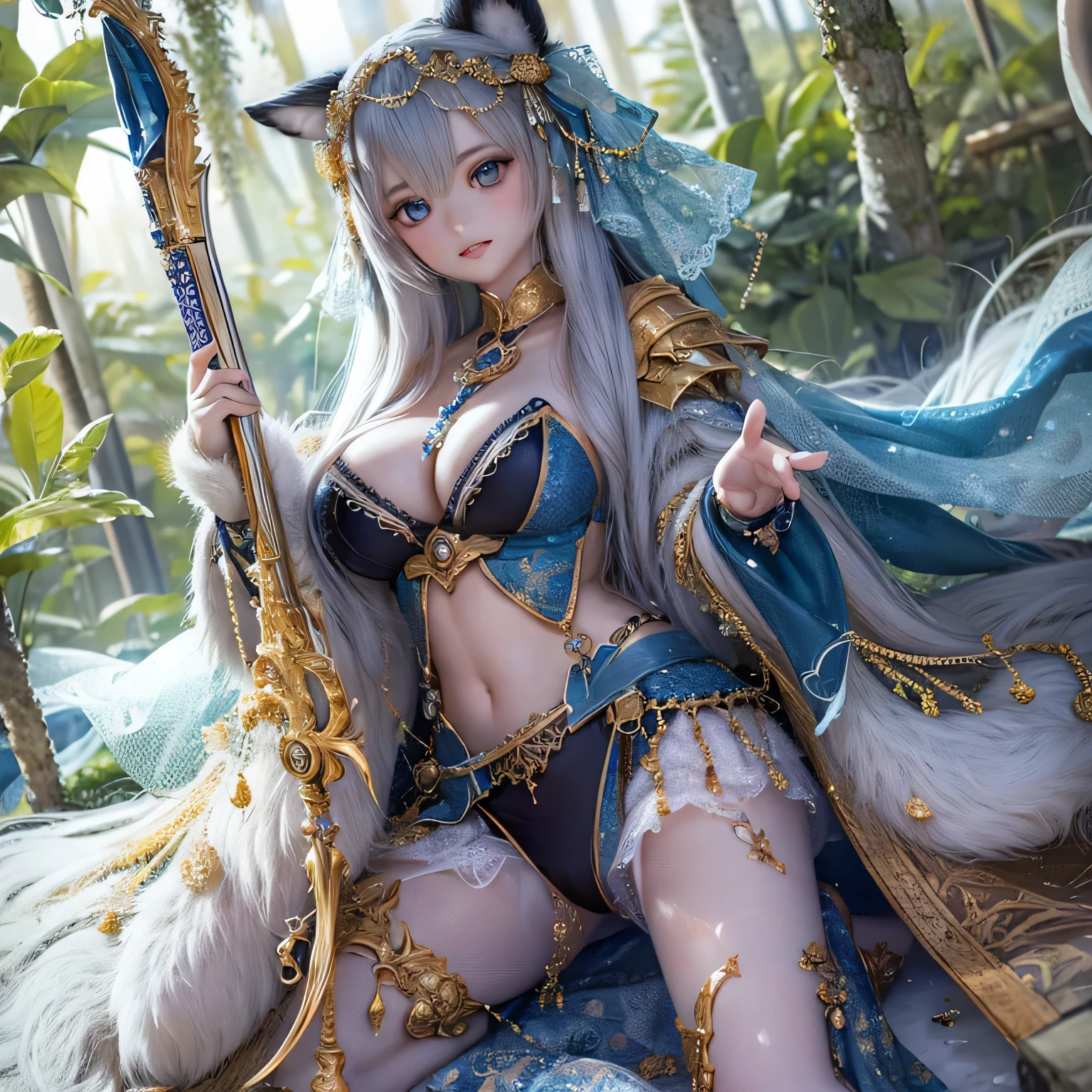 (best quality, highres, realistic:1.37),ultra-detailed, beautiful detailed eyes,beautiful detailed lips,extremely detailed eyes and face,longeyelashes,1girl,portrait,sharp focus,vivid colors,soft lighting,Fenrir girls,big breasts,fantasy elements,snowy landscape,ice magic,enchanted forest,flowing hair,ethereal beauty(((((full body)))))(((((fight)))))cute bikini armor wear a sword 15yo  cute