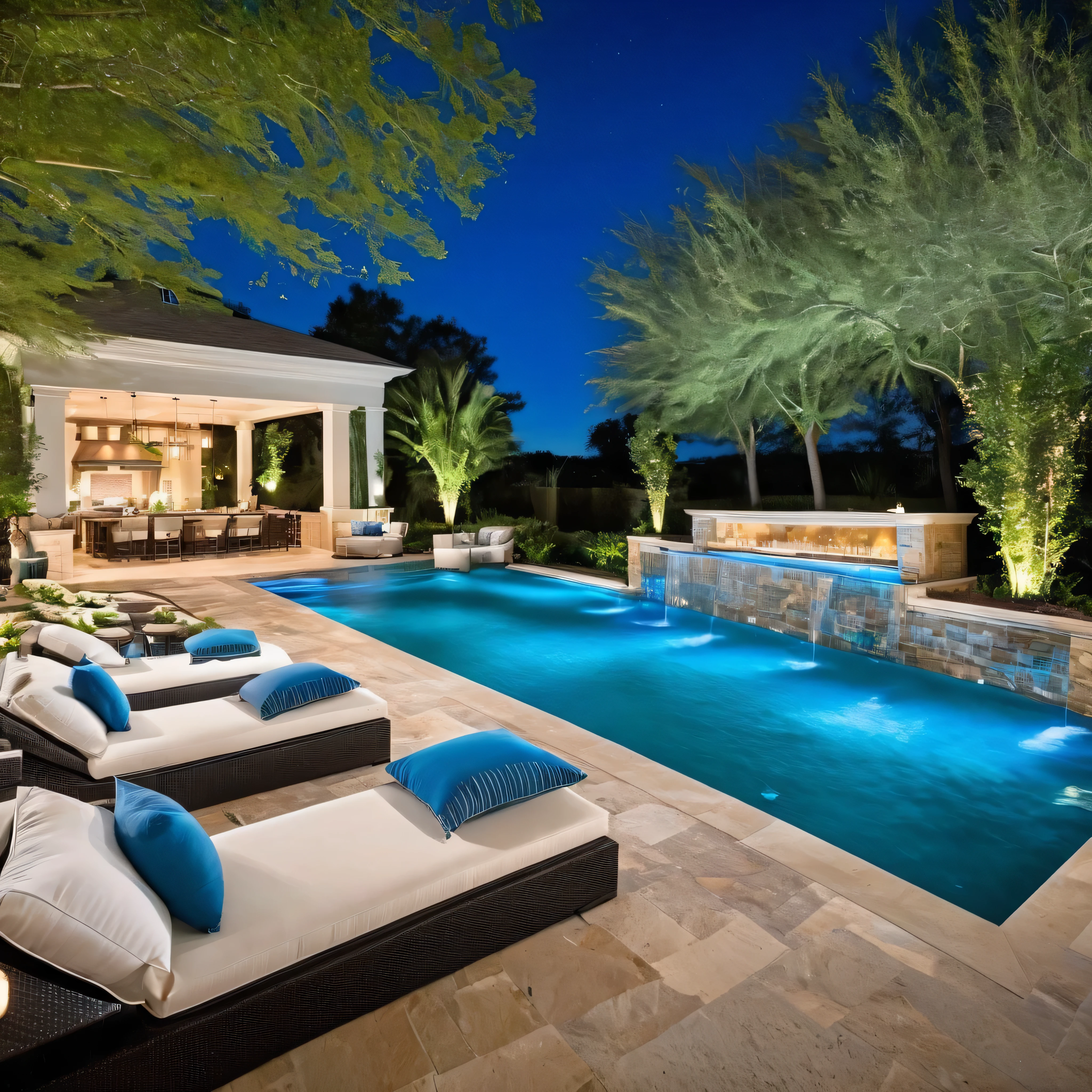 Create a realistic photo of a private open swimming pool nestled in the backyard of an elegant European-style villa. The pool features a luxurious infinity edge design, with sparkling blue water reflecting the surrounding landscape. Cascading waterfalls adorn one side of the pool, while sleek underwater LED lights illuminate the water at night. Surrounding the pool are stylish lounge chairs with plush cushions for sunbathing, along with large umbrellas and elegant cabanas for shade. A sleek poolside bar area with a marble countertop and built-in sink is stocked with a variety of refreshing beverages and glasses. Nearby, an outdoor kitchen equipped with a high-end grill, refrigerator, and food prep area offers the perfect space for cooking and serving gourmet meals al fresco. Guests can relax on chaise lounges near the poolside bar, enjoying delicious drinks and snacks while soaking in the luxurious ambiance. Soft outdoor lighting, such as string lights and lanterns, creates a warm and inviting atmosphere for evening gatherings. Capture the essence of modern European luxury with attention to detail and realism, providing a perfect base model for Lora's backyard oasis.