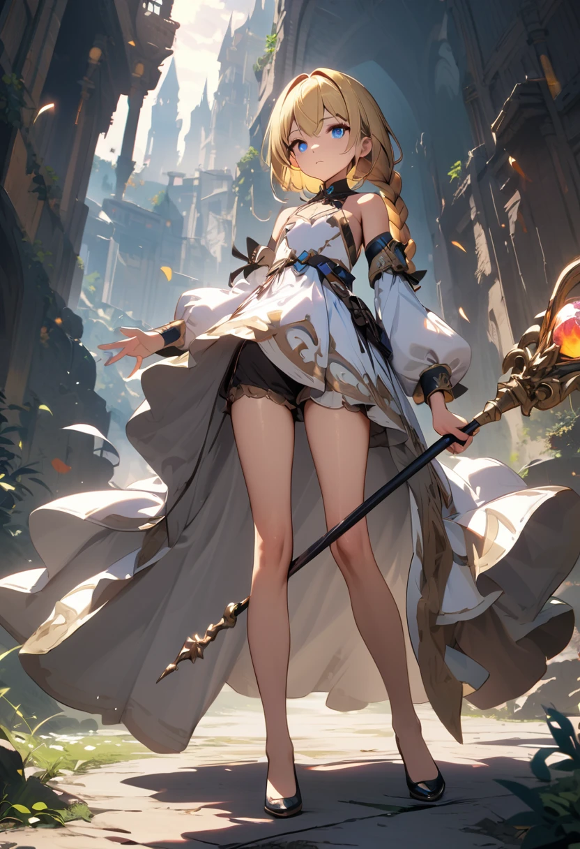 1boy, trap, blonde hair, long single back-length braid, blue eyes, flat chest, white robes, bare legs, extremely girly boy, clutching golden staff, fantasy background, textured skin, UHD, UHD, UHD, UHD, award winning, high details, incredible high-key lighting and shadows, masterpiece, incredible illustration