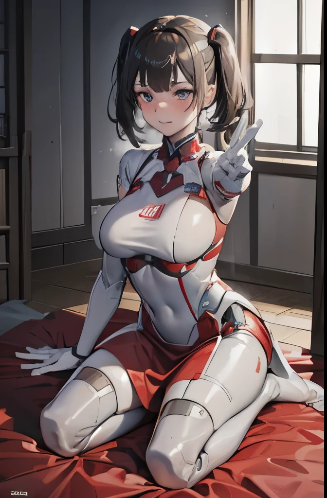 A Female robot is sleeping in bedroom, spread legs, nude, banzai pose. she wears no dress. She Brown short hair is tied with two big red clothespins, She lifts up the under hem of her white plain dress, leaning over, masterpiece, very short pigtails,brown hair, mature, android, blue eyes, full body figure, Height: 160cm, flushed cheeks, 2020s anime picture, A beautiful robot with short brown hair in two short pigtails held up by two very large huge red clothespins, Uplifting, No NSFW, whole body, barefoot, archaic smile, getting orgasm, 25 years old, sweat bucket. Her bowel is out from mouth.