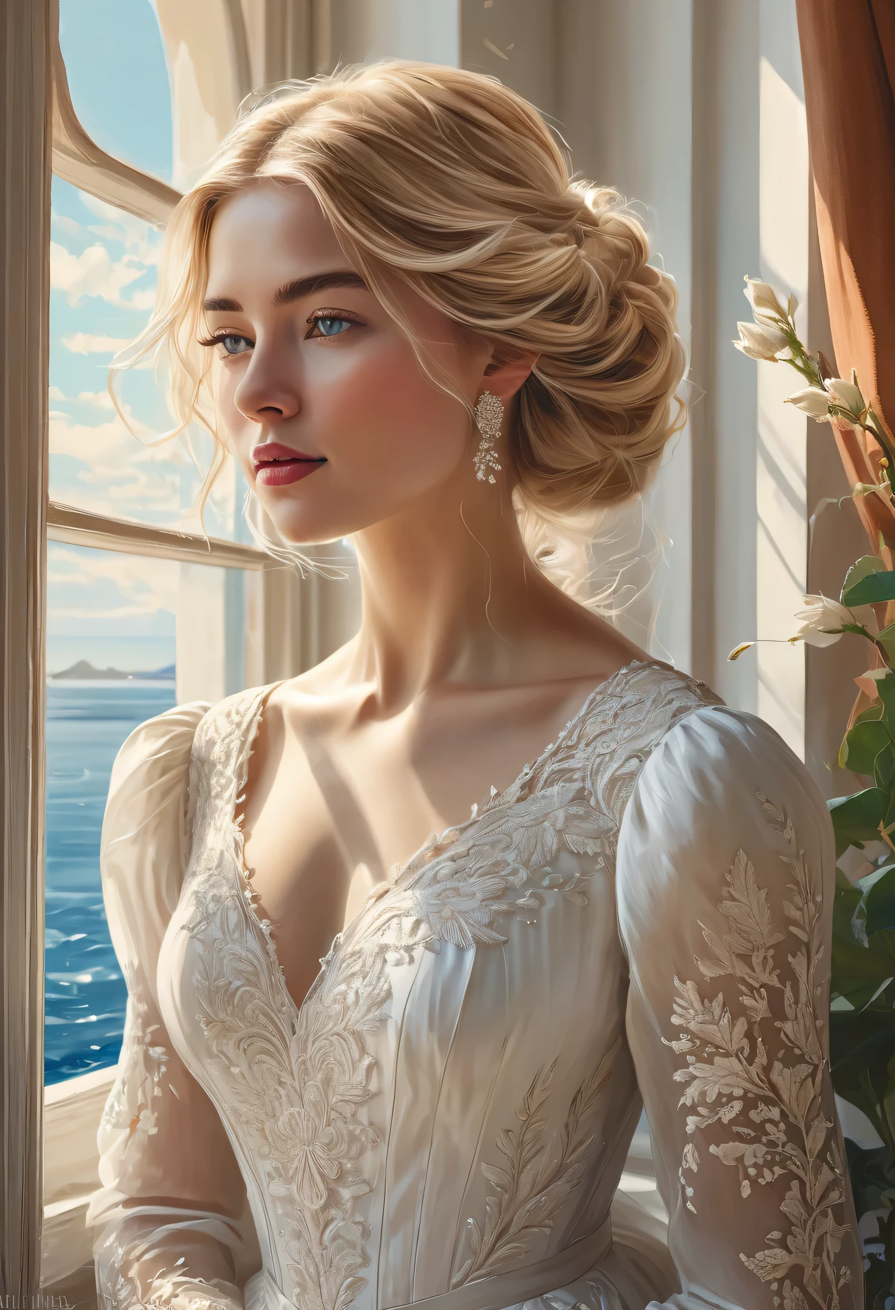 Certainly! Here's the theme with the QUALIFIERS included:
"Imagine a painting of a beautiful blond woman, perfect in every detail, standing gracefully in front of a window overlooking the sea, captured with the following QUALIFIERS: (((Best quality))), (((Best focus))), (((Best angle))), (((Best lighting))), (((Intricate details))), (((Harmonious scenery))), (((Best composition))), (((Richness of details))). The illustration, created in the exquisite digital illustration style of Bowater, depicts the woman in a white dress, surrounded by intricate details and beautiful scenery. This elegant study in fairy tale illustration showcases the talent and skill of the artist, resulting in a stunning and captivating piece of art."