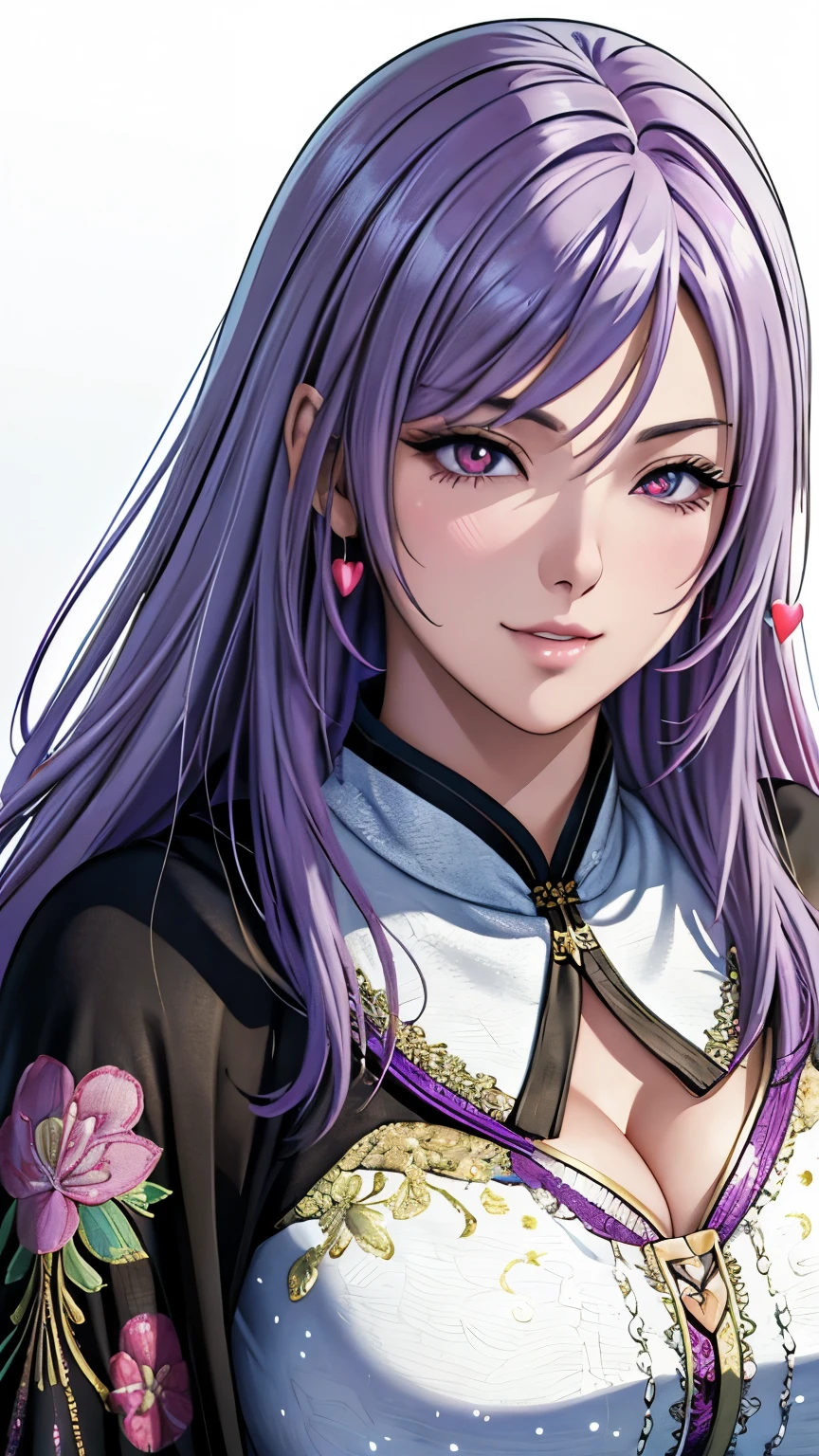 red eyes, (highest quality, masterpiece painting:1.3), immature woman, , (half body shot), masterpiece, ultra high resolution, (Photoreal:1.0), ((light purple hair)),straight hair, beautiful shining hair, white and shining skin, one eye closed,((heart shaped pupils)), ((Ultra realistic details)), octane rendering, highly detailed face, (big breasts:0.8), (make a heart with hands), (((Wearing Fluorescent fabric:harem outfit,Suzhou embroidery technique:Lace sequin cloak woven from feathers))), Fabric Glows, open neckline, cleavage, perfect body, soft skin, White cherry blossom embroidery pattern, silver earrings, (pure white background:1.4), sharp focus, intricate details, professional artwork, (bright colors:1.1), bright colors, diffused lighting, digital blending, ultra-definition body, ultra detail hair, super detailed face, that'It's trending on pixiv, top button open, Cute gaze, compensate, perfect lips, perfect compensate, Ultra-precision coating, (light_smile:0.8), (smugness:1.2),blush your nose,