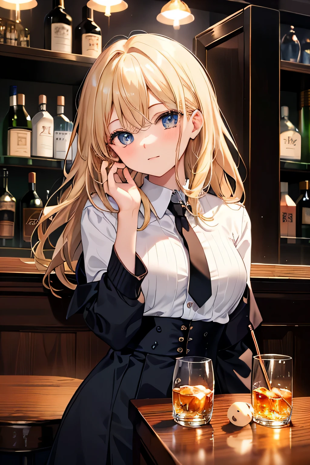 ((highest quality)), ((masterpiece)), (detailed), Perfect Face、Shyness、Single-knotted、28 years old、sexy、At the bar、The seat next to me、Gazing at each other、glass、whisky、blonde、Straight Hair、Drinking with gusto、