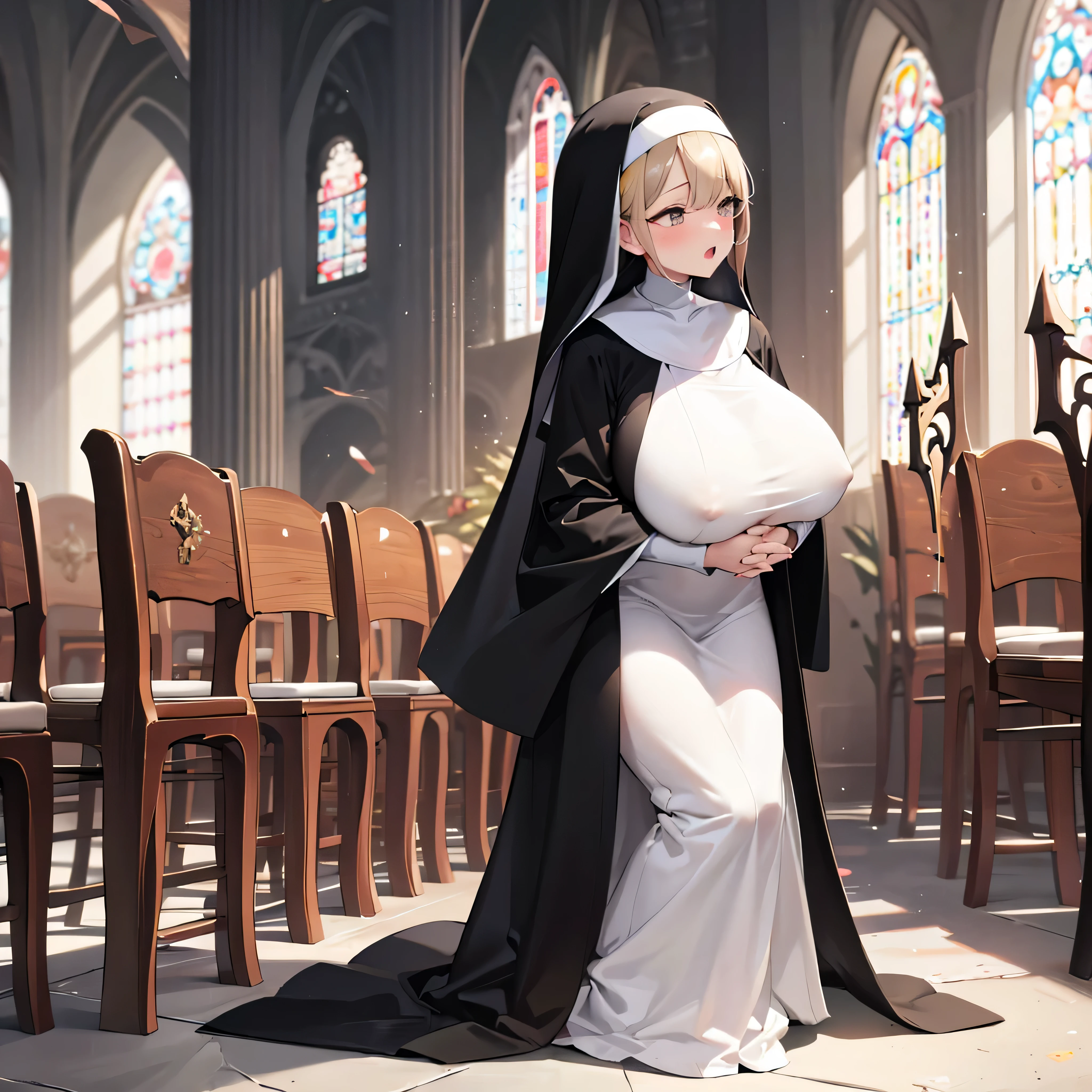 (solo:1.2), (1 praying skinny cute nun:1.3) standing in church, swinging back, (praying with holding hands together over chest:1.2), (tight sheer long black robe:1.6), narrow shoulders, (disproportionately gigantic breasts:1.3), (bursting perky breasts:1.3), (inconceivably narrow waist), too short torso, (skinny long legs), closing eyes, nose blush, open mouth, (heavy breathing:1.4), stained glass in distance, full body, 8k, ultra-detailed, masterpiece, beautiful detailed hair, orgasm, (nsfw:0.2)