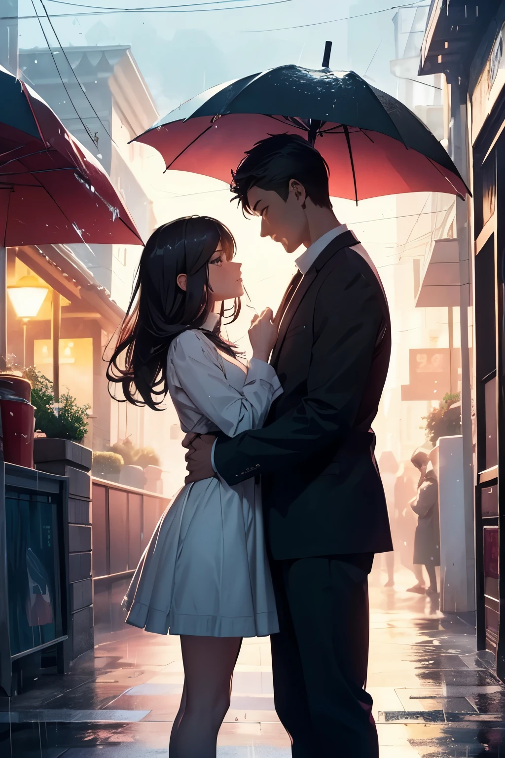 A guy and a girl stand under the same umbrella, They hug, they are in a beautiful park, it&#39;s raining,  renovation situation, cute, beautiful,