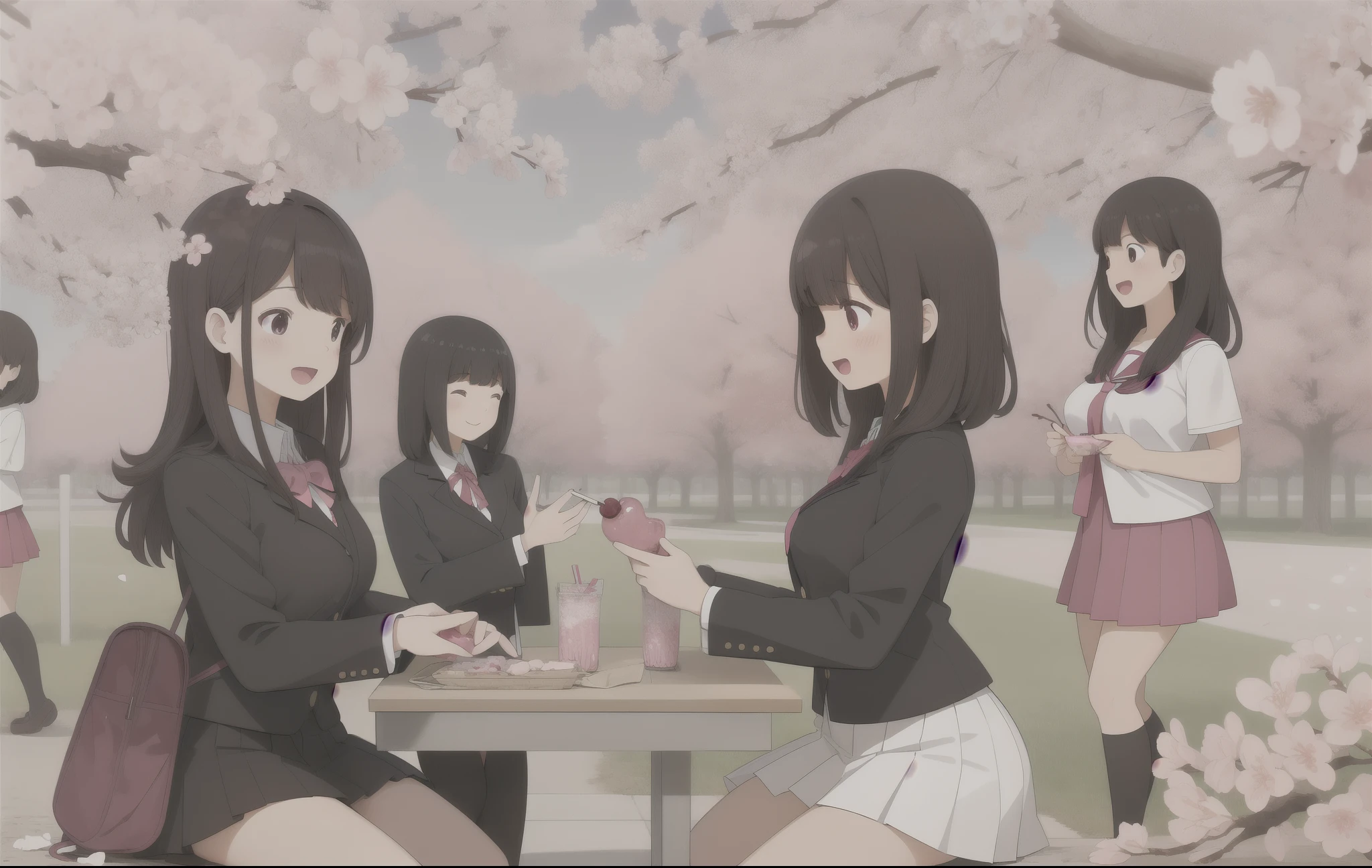 girl, Cherry Blossom Viewing, Black hair and brown hair, high school girl, uniform, Laughter, Juice and sweets