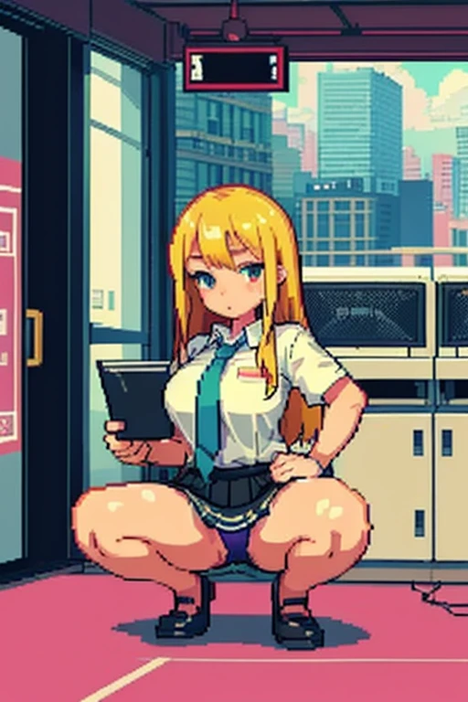 1 Girl, blonde, sexy, big , Office Attire, Office Girl, squat, Beautiful panties、Panty shot、(pixel, pixel art)