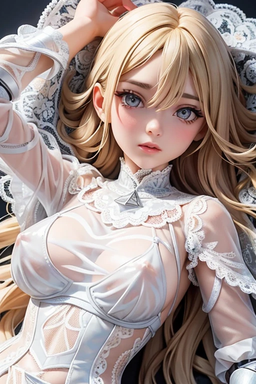 (a big white humanoid doll:1.5,marionette), (((whole body))), view straight on, Close-up of people,((lie down)), (((on_back))),arms up behind, shiny_skin, girl,woman,female, Authentic and detailed face, (((see-through:1.5, lace armor:1.5))),solo girl,detail lace,beautiful lace,lace armor,metal lace,skin foundation,body of a doll,lace body suits