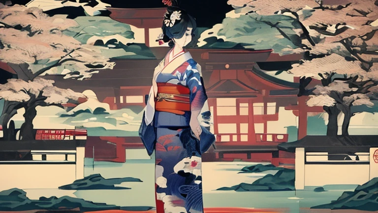 A painting of a woman in a kimono standing on a boat, The art of Japan style, inspired by Utagawa Hiroshige II, In the Ukiyo-e art style, inspired by Koson Ohara, The art of Japan art, Ukiyo-e style, Ukiyo-e style, The art of Japan, feudal japan art, The art of Japan on behance