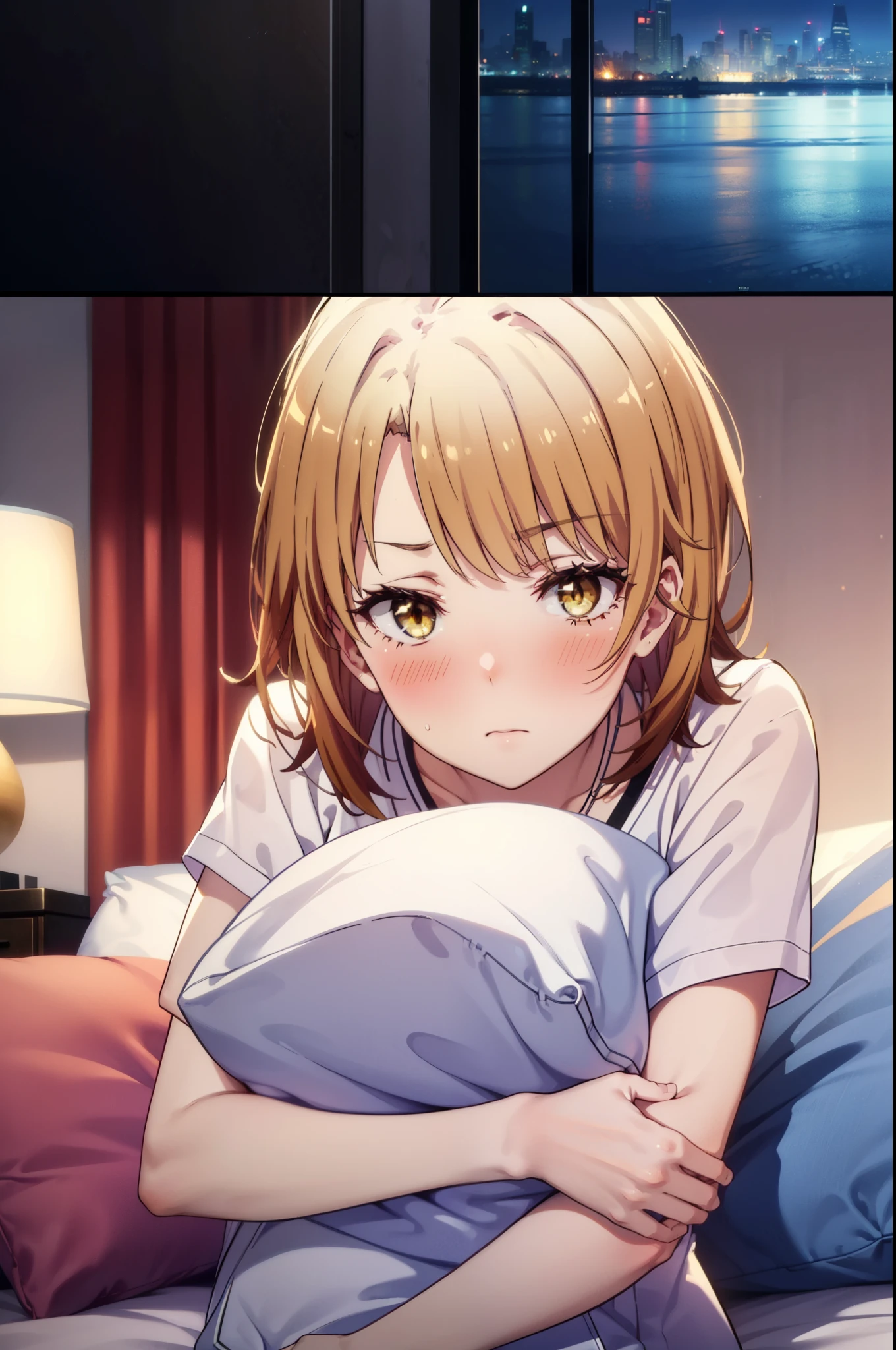 irohaisshiki, Iroha Isshiki, short hair, brown hair, (Brown eyes:1.5), blush,Looks sleepy,Embarrassing,oversized t-shirt,black string underwear,barefoot,Holding a pillow in both arms,Putting my face on the pillow,Sitting on the bed,ロマンチックな夜景
break indoors, Bedroom,
break looking at viewer,
break (masterpiece:1.2), highest quality, High resolution, unity 8k wallpaper, (figure:0.8), (Beautiful fine details:1.6), Highly detailed face, Perfect lighting, Highly detailed CG, (Perfect hands, Perfect Anatomy),