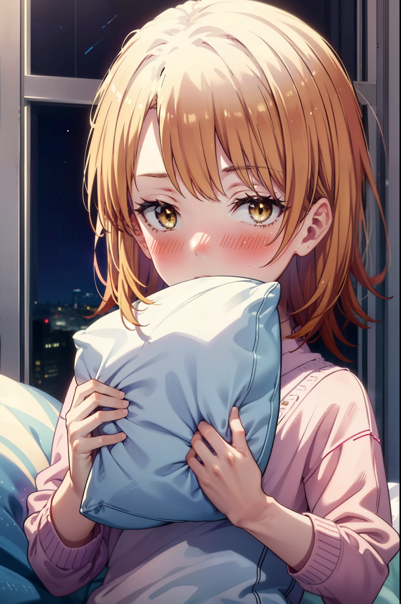 irohaisshiki, Iroha Isshiki, short hair, brown hair, (Brown eyes:1.5), blush,Looks sleepy,Embarrassing,oversized t-shirt,black string underwear,barefoot,Holding a pillow in both arms,Putting my face on the pillow,Sitting on the bed,ロマンチックな夜景
break indoors, Bedroom,
break looking at viewer,
break (masterpiece:1.2), highest quality, High resolution, unity 8k wallpaper, (figure:0.8), (Beautiful fine details:1.6), Highly detailed face, Perfect lighting, Highly detailed CG, (Perfect hands, Perfect Anatomy),