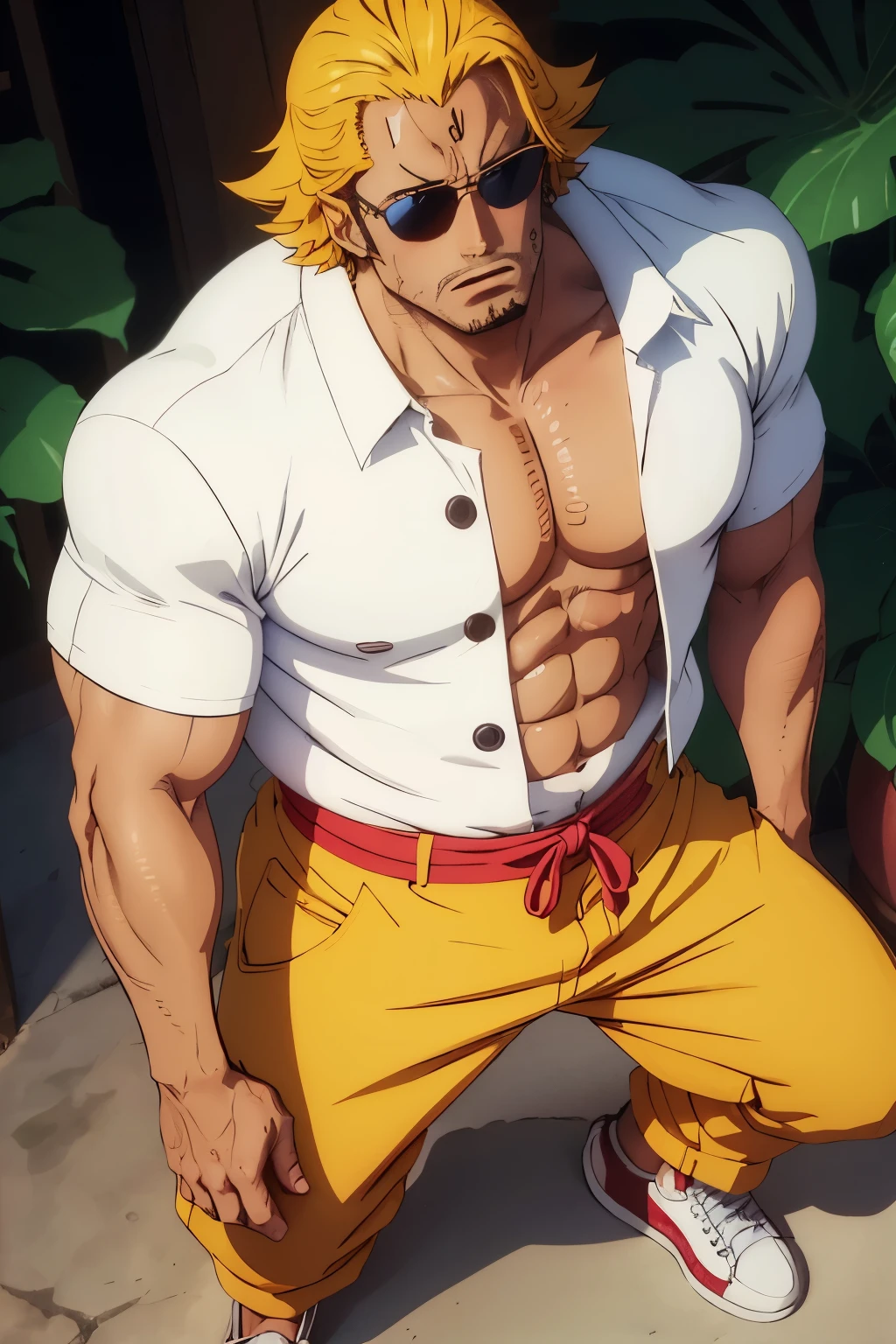um homem de robusto, sem roupas, calor de lugares quentes, body wears an unbuttoned shirt pants or shoes. homem com penis avantajado, corpo molhado, suor, penis masculino, nudez, nsfw. Anime 80s. One Piece