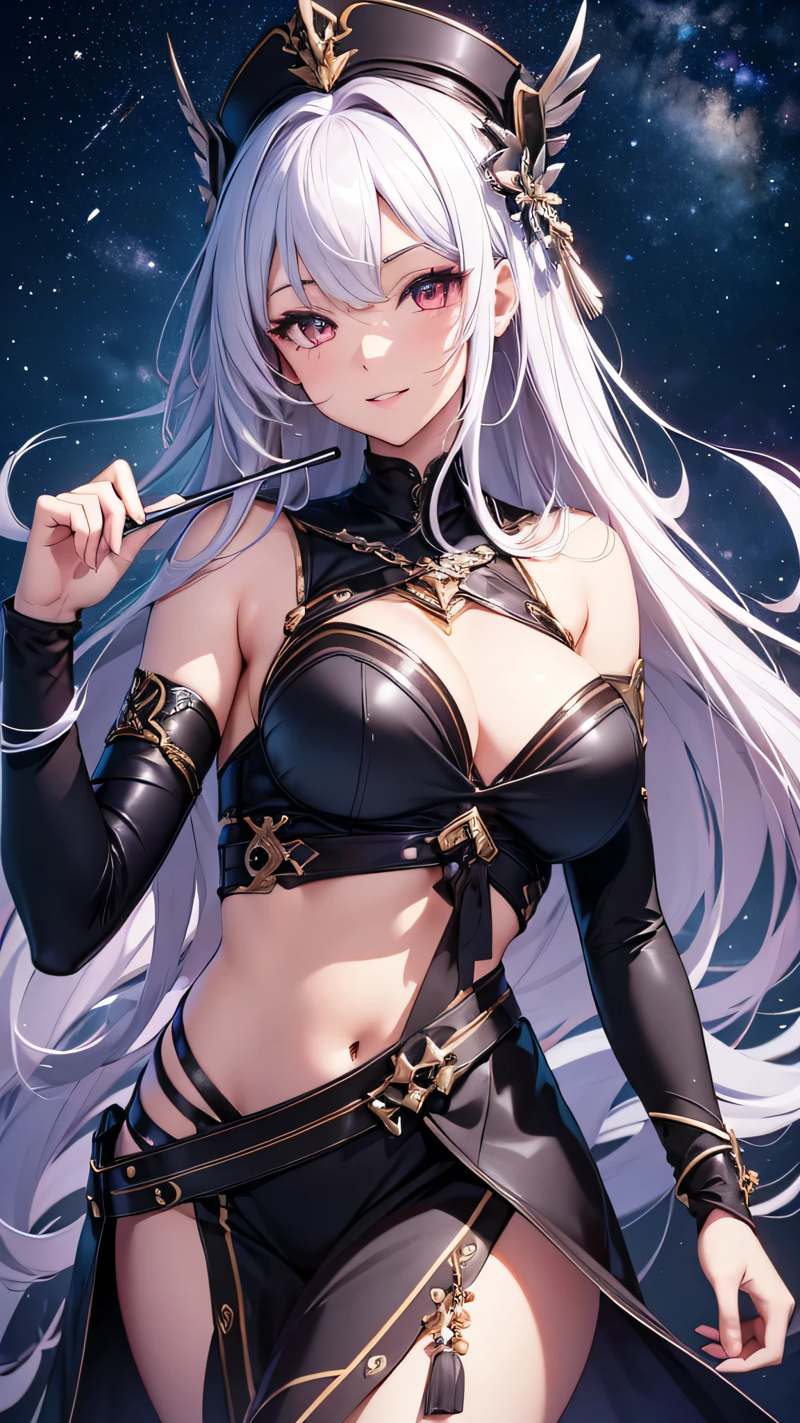 最high quality、Best image quality、masterpiece、girl((20-year-old、 By becoming、Best Bust、Medium Bust,Wide open breast tea、red glowing eyes,Silver Hair、Disheveled Hair、Long Hair、thin,The highest valley、Open chest、White wristband、smile、hair ornaments、Sports Cap、Many accessories、Ninja Style、Fighting Pose)),high quality、Beautiful art、background((Dark world))、Flight、Flying debris、Written boundary depth、movie、Visual Arts、Perfect art、8K,Genuine、