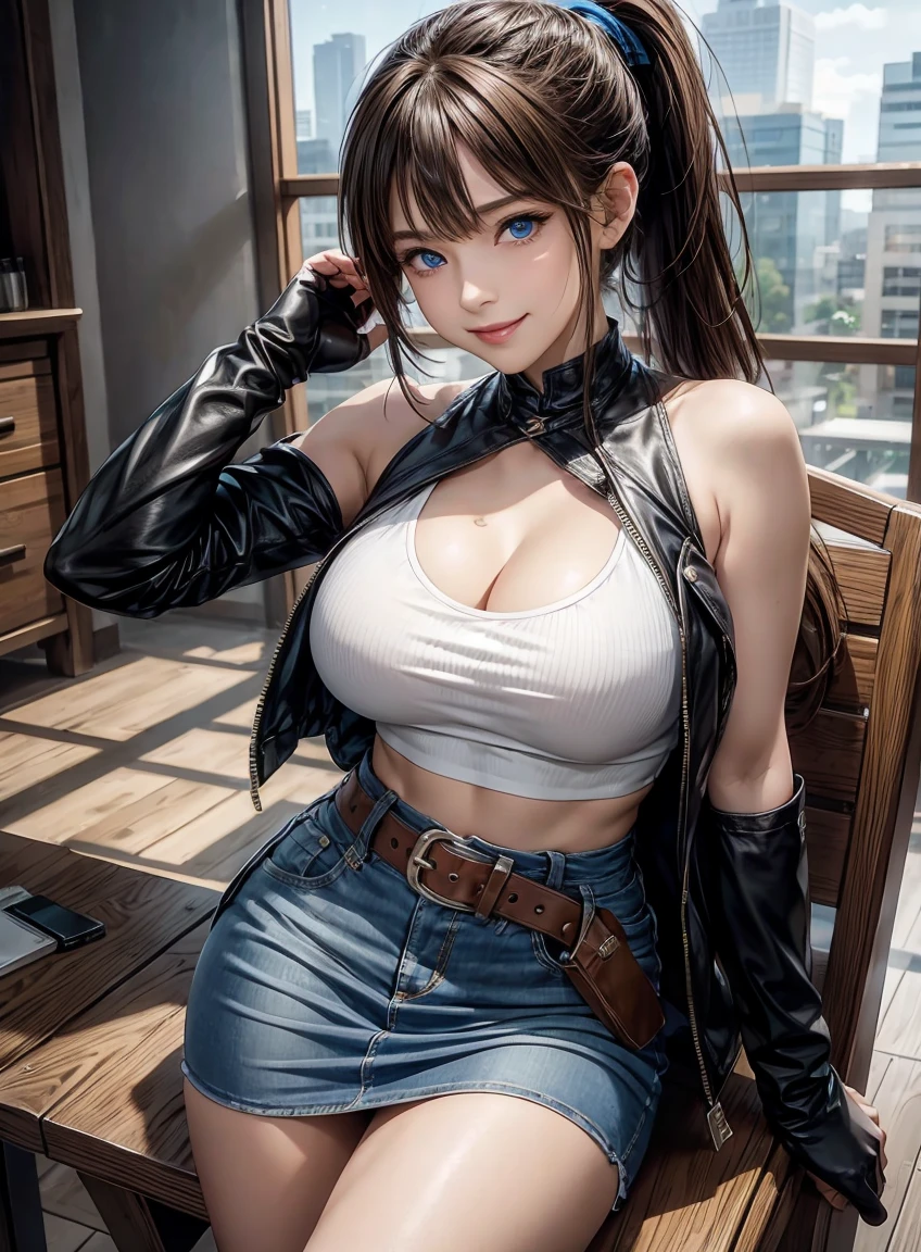 Beautiful Features、Japanese、brown hair、((ponytail、Deep Blue Eyes:1.2))、Shiny and smooth hair, Thick bangs、(Bright smile:1.2), ((Image Processing Algorithms:1.2))、Highly detailed eyes, highest quality, Ultra HD, HDR, Beautiful and vivid illustrations、High Contrast、Tonal correction、Ultra-realistic oily and glossy skin, Super fine, High resolution CG Unity 8k wallpaper, Raw photo, Accurate Fingers, Anatomically correct,Exposing the belly、Attractive thighs、Sleeveless jacket、Tank top、Denim pencil skirt、Belt on waist、Knee-high boots、Leather Gloves、Sit on a chair、((Glance at the breasts)),