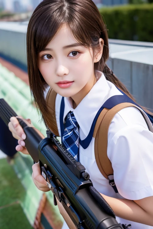 highest quality、16K High Resolution、Very detailed、masterpiece、Live Shooting、Realistic:1.4、Hyperrealism:1.4、Sharp focus、Very delicate and beautiful、The finer details、1 female、(so beautiful)、(Beautiful Face:1.5)、(Detailed face:1.5)、Are standing、(High School Uniform:1.1)、Navy blue jacket、White shirt、(tie)、(plaid mini skirt:1.1)、brown hair、(Heavy makeup)、(Skyscraper rooftop:1.3)、(at night:1.3)、(The wind is blowing:1.5)、(Five fingers:1.2)、(He is staring at the barrel of the gun.:1.5)、(pistol)