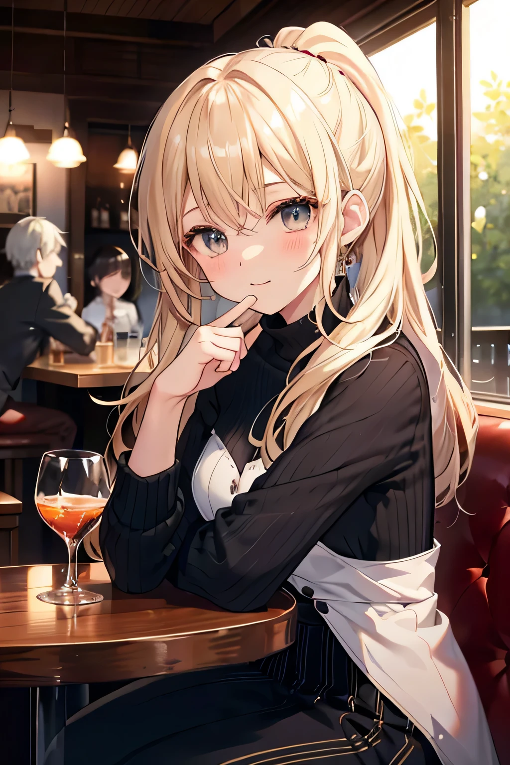 ((highest quality)), ((masterpiece)), (detailed), Perfect Face、Shyness、Single-knotted、28 years old、sexy、At the bar、The seat next to me、Gazing at each other、glass、whisky、blonde、Straight Hair、Drink happily、ponytail