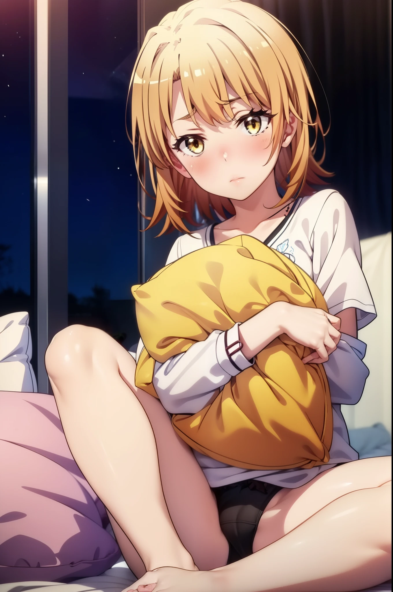 irohaisshiki, Iroha Isshiki, short hair, brown hair, (Brown eyes:1.5), blush,Looks sleepy,Embarrassing,oversized t-shirt,black string underwear,barefoot,Holding a pillow in both arms,Putting my face on the pillow,Sitting on the bed,ロマンチックな夜景
break indoors, Bedroom,
break looking at viewer,
break (masterpiece:1.2), highest quality, High resolution, unity 8k wallpaper, (figure:0.8), (Beautiful fine details:1.6), Highly detailed face, Perfect lighting, Highly detailed CG, (Perfect hands, Perfect Anatomy),