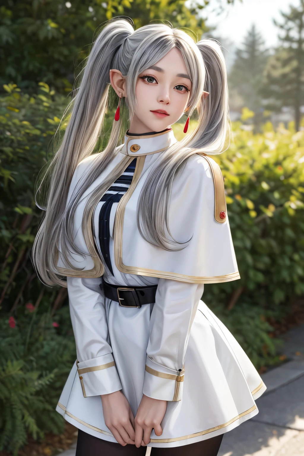 masterpiece, highest quality, High resolution, thank you, Long Hair, Gray Hair, Twin tails, Pointed Ears, Earrings, Thick eyebrows, White capelet, Striped shirt, Long sleeve, belt, White Skirt, Black Pantyhose , Are standing, Cowboy Shot, Outdoor, Retention Staff,