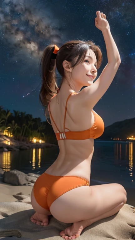 Tabletop, (highest quality), 23 years old,Very detailed, finely, (High resolution), (8k), ((Perfect rear view composition)), Natural color lip,(ponytail:1.3),((A girl sits with her legs spread apart on a rock)),(sitting barefoot on the sand:1.3),(Light Orange Bikini)),((Fitness Shorts Light Blue),((whole body:1.3),,((shrapnel:1.3)),((Perfect rear view:1.3)),((The magnificent Milky Way floating in the night sky)),((Pose with your arms raised above your head)),(look back and smile),((Thigh ribbon)),((Big Ass)),((Ample breasts)),(Full and firm breasts),(Small Pareo),