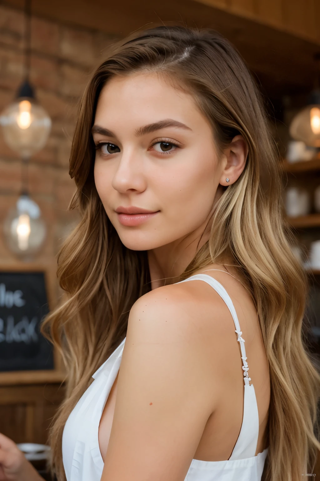 best quality, ultra high resolution, photorealistic woman, natural brown eyes, minutely detailed, normal skin,  long blonde hair, full view, natural makeup, work in a café, no nude
