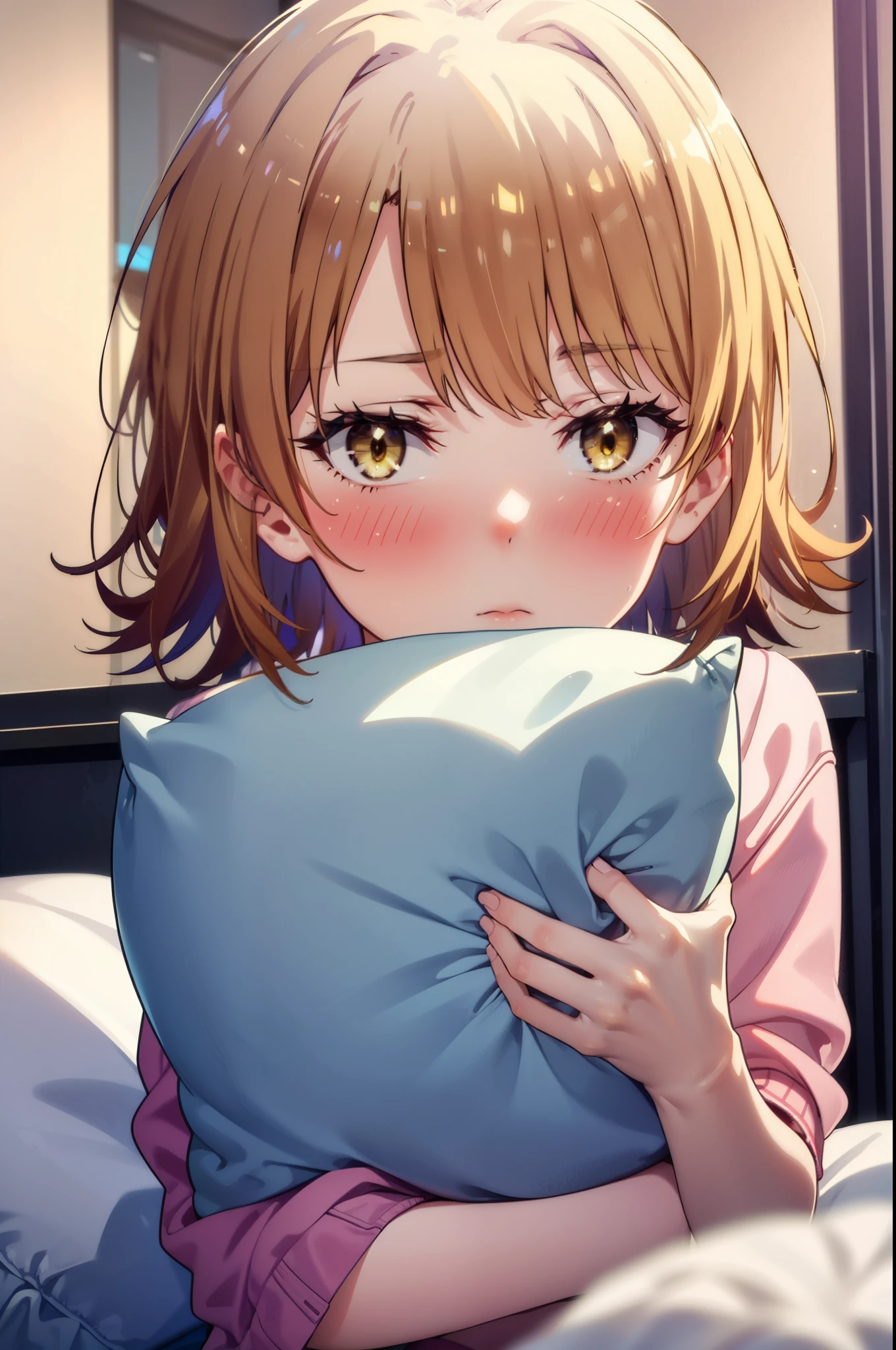 irohaisshiki, Iroha Isshiki, short hair, brown hair, (Brown eyes:1.5), blush,Looks sleepy,Embarrassing,oversized t-shirt,black string underwear,barefoot,Holding a pillow in both arms,Putting my face on the pillow,Sitting on the bed,ロマンチックな夜景
break indoors, Bedroom,
break looking at viewer,
break (masterpiece:1.2), highest quality, High resolution, unity 8k wallpaper, (figure:0.8), (Beautiful fine details:1.6), Highly detailed face, Perfect lighting, Highly detailed CG, (Perfect hands, Perfect Anatomy),