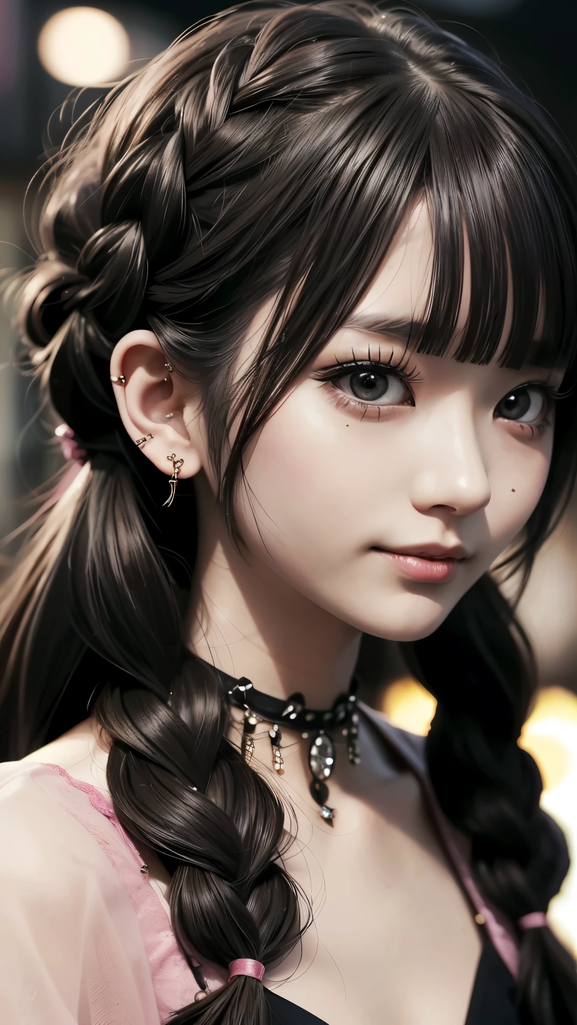 Realistic, masterpiece, highest quality, Highest resolution, One Japanese woman, Happy smile, Detailed and beautiful eyes, Sparkling eyes, (Long, narrow eyes:1.3), (Slender eyes:1.4), Sharp Eyes, Thin eyebrows, Gives your eyelashes a delicate finish, False eyelashes, Natural Makeup, (Braided Hair, Blunt bangs, brown hair:1.2), Detailed face, She is looking slightly to the side, Always watching the audience, Grinning, (cheeks pink:1.2), Sexy gothic dresses that show off cleavage for warm weather, Upper body photo, Portrait