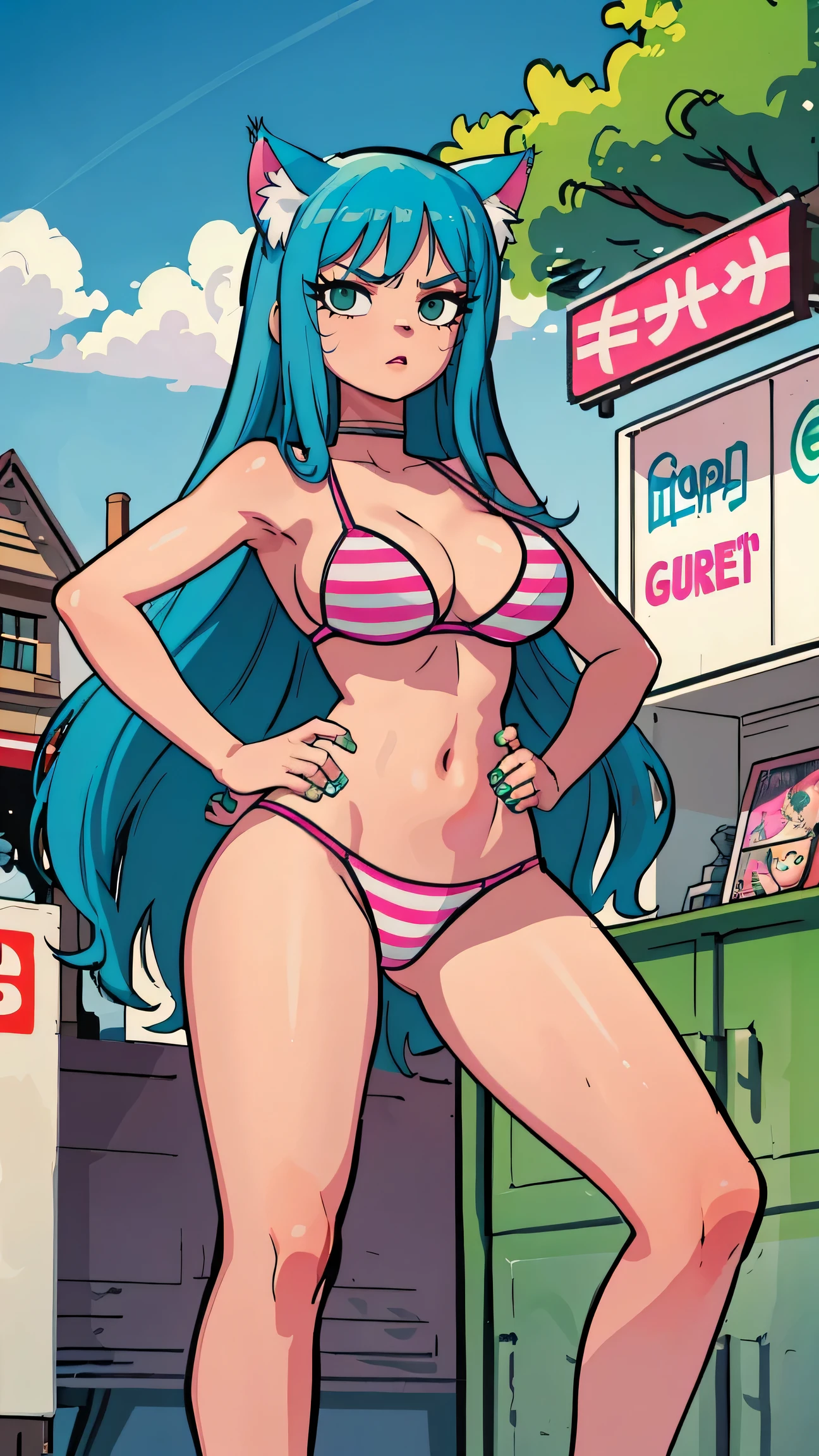 Masterpiece, best quality, high resolution, 1 woman, Long blue hair with pink stripes, smooth, green eyes, Bored face , cat ears , pink bikini , abdomen, big breasts , Long legs , hands on hips , canvas shoes , convenience store