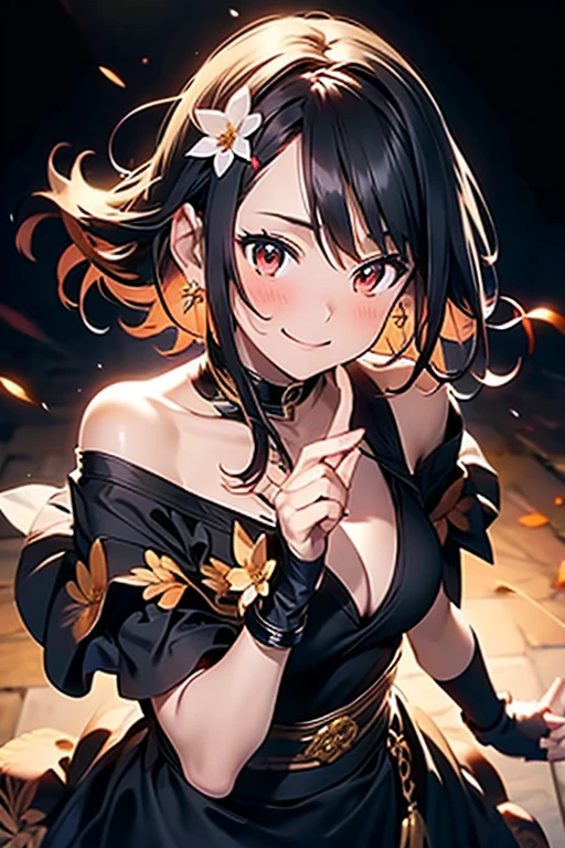 A captivating scene featuring a beautiful anime-style girl with distinctive facial features, Winter wonderland background. The girl has her black hair in a ponytail, single eyelid, Hooded, humid, Deeply engraved, Striking, deep orange, captivating eyes. Her face turns into a gentle smile. . she、She wears a sportura-themed top and micro mini skirt adorned with intricate floral patterns and sports designs。. And what he picks up is a Japanese sword. The background depicts a landscape illuminated by trees., Create a magical New Year atmosphere. The action is captured on camera as if he is swiftly swinging a Japanese sword., Iai cut adds movement and fun to the scene. By combining these elements、The result is a masterpiece of exceptional quality.。. ((bust size is very small.)),eating meat buns