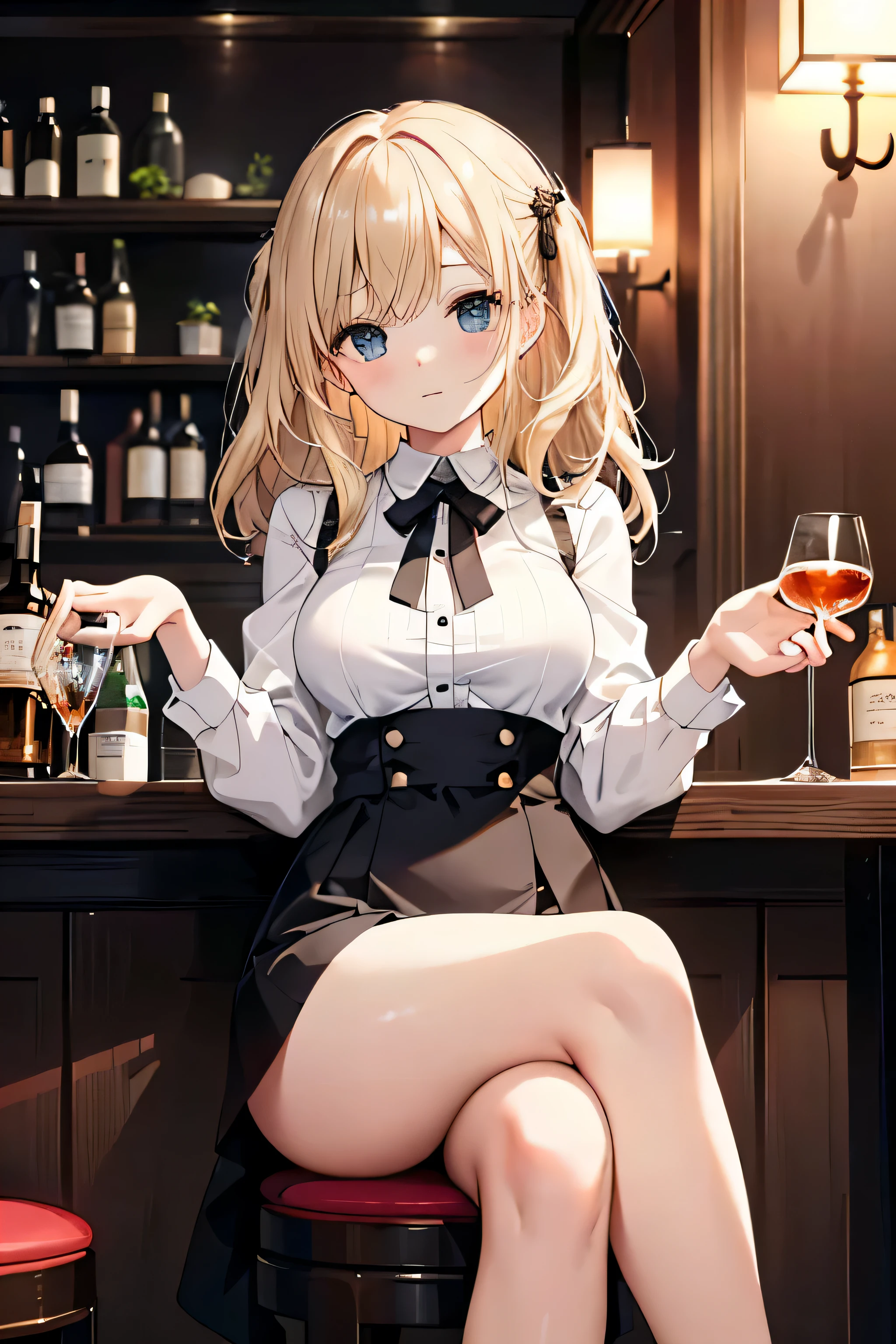 ((highest quality)), ((masterpiece)), (detailed), Perfect Face、Shyness、Horizontal knotting、28 years old、sexy、At the bar、The seat next to me、Gazing at each other、glass、whisky、blonde、Smooth Hair、sulking、