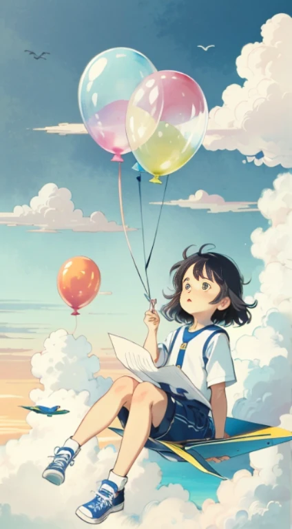 A , sitting on paper plane, Flying in the clouds, balloon, Blue sky and white clouds, Looking at the camera