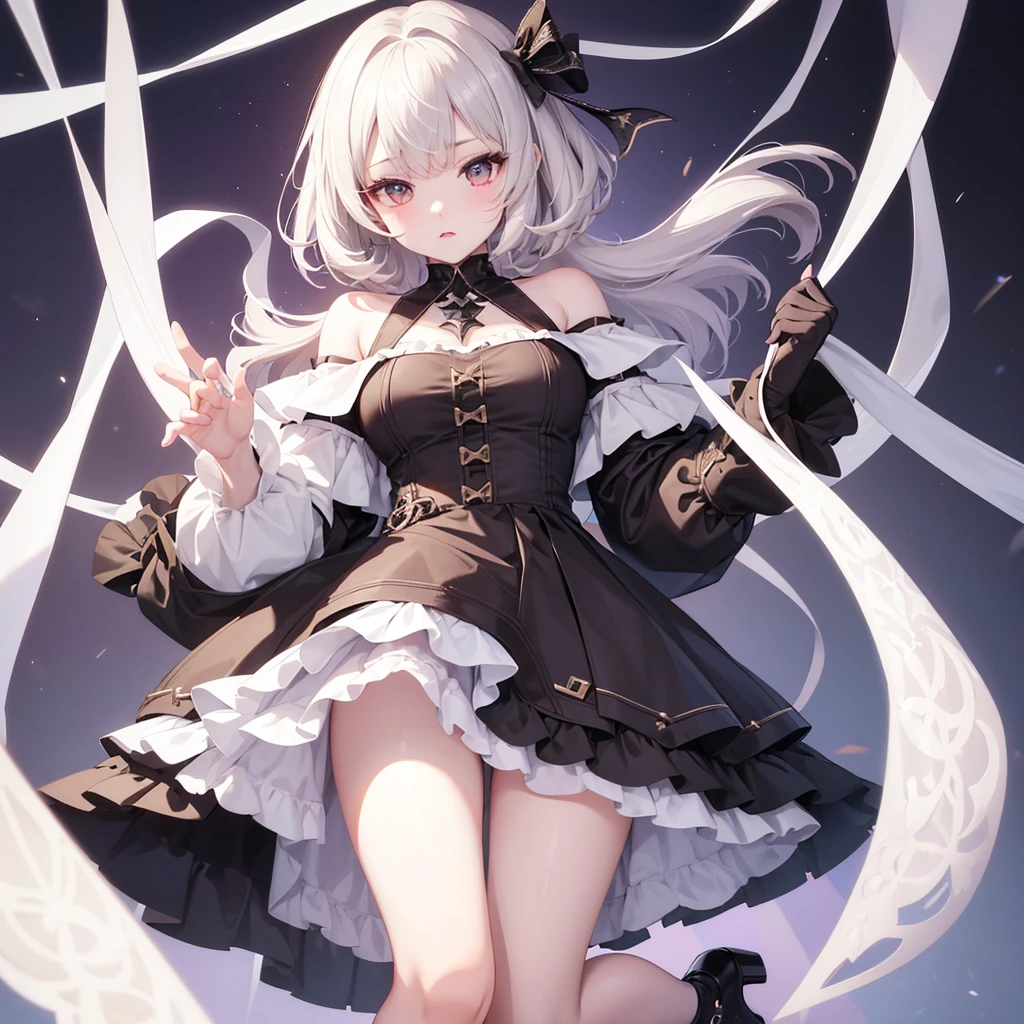 1girl、vtuber-fullbody、Masterpiece、Official Art、Super detailed、super beautiful、white straight short hair、Baby Face、Knee-high boots、Brown houndstooth pattern off-shoulder A-line dress、Dark piping、