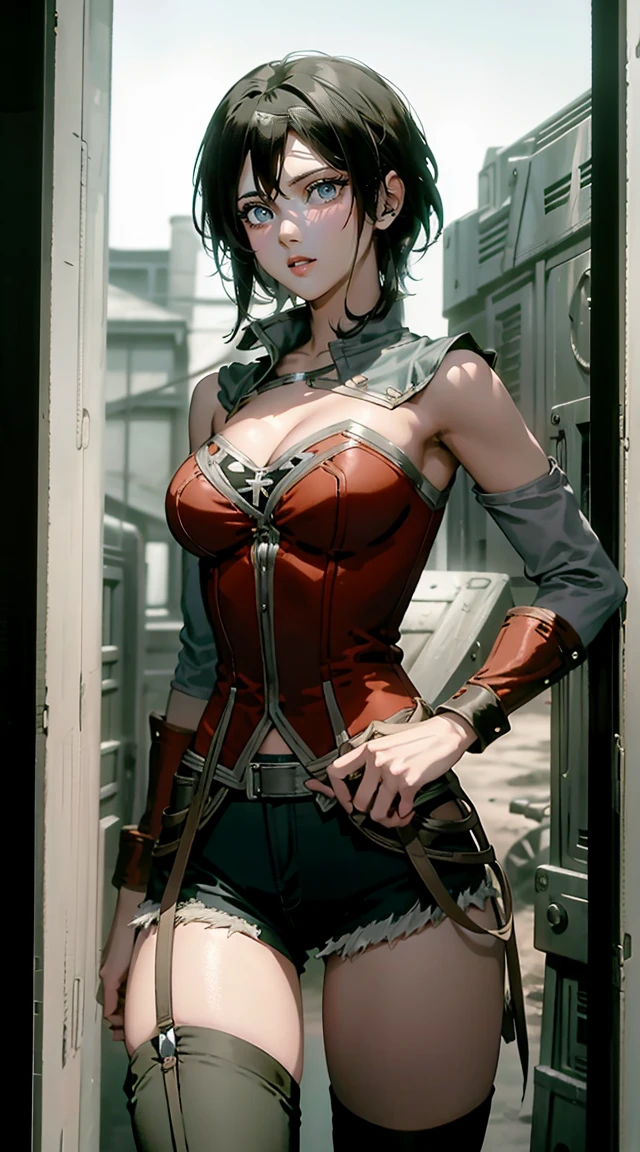 aot style, shingeki no kyojin,

mikasa ackerman,cleavage，Off-the-shoulder attire

1girl, arm strap, bangs, black hair, black pants, breasts, cowboy shot, embers, green eyes, grey background, hair between eyes, harness, long sleeves, looking at viewer, medium breasts, pants, red scarf, scarf, shirt, short hair, smoke, solo, thigh strap,  brown jacket, white shirt, survey corps \(emblem\) wonder woman suit

, ((masterpiece)), best quality
,