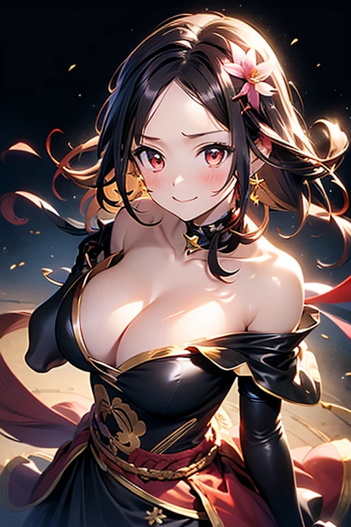 yor briar, anime style beutiful woman, 1girl, happy, smile, red face, closed mouth, beautiful detailed eyes, super detailed skin, backlighting, bare shoulders, black background, black dress, black gloves, black hair, breasts, dress, earrings, fingerless gloves, floating hair, floral print, flower, gloves, gold earrings, gold hairband, hair flower, hair ornament, hairband, holding, holding weapon, jewelry, large breasts, long hair, looking at viewer, off-shoulder dress, off shoulder,red eyes, short hair with long locks, sidelocks, solo, spikes, thighs, two-sided dress, two-sided fabric, weapon, fighting stance , face, close up, from above, highest quality, high resolution.