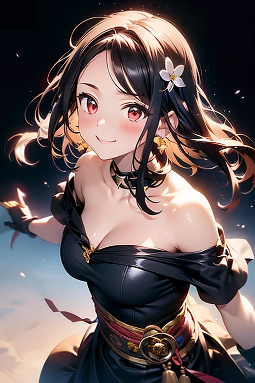 yor briar, anime style beutiful woman, 1girl, happy, smile, red face, closed mouth, beautiful detailed eyes, super detailed skin, backlighting, bare shoulders, black background, black dress, black gloves, black hair, breasts, dress, earrings, fingerless gloves, floating hair, floral print, flower, gloves, gold earrings, gold hairband, hair flower, hair ornament, hairband, holding, holding weapon, jewelry, large breasts, long hair, looking at viewer, off-shoulder dress, off shoulder,red eyes, short hair with long locks, sidelocks, solo, spikes, thighs, two-sided dress, two-sided fabric, weapon, fighting stance , face, close up, from above, highest quality, high resolution.
