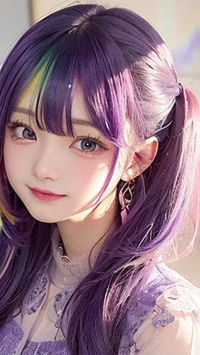 Small face、 (alone:1.5,)Very detailed,Bright colors, Very beautiful detailed anime faces and eyes, Look straight ahead, Shiny_skin,girl, (((Rainbow Hair, Colorful Hair, Half red、half blue hair: 1.2))), 、Shiny hair, Delicate beautiful face, blush、Glasses、(Turquoise Eyes), , Valletta, Earrings,、Flower Garden、Sunset、(((See-through、Floral、sexy、total lace、shirt、Purple、,Translucent shirt)))、(Twin tails)、smile、Happy Face、face dyed red、Cheerful pose、dynamic、Laugh gently