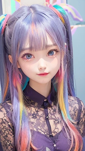 Small face、 (alone:1.5,)Very detailed,Bright colors, Very beautiful detailed anime faces and eyes, Look straight ahead, Shiny_skin,girl, (((Rainbow Hair, Colorful Hair, Half red、half blue hair: 1.2))), 、Shiny hair, Delicate beautiful face, blush、Glasses、(Turquoise Eyes), , Valletta, Earrings,、Flower Garden、Sunset、(((See-through、Floral、sexy、total lace、shirt、Purple、,Translucent shirt)))、(Twin tails)、smile、Happy Face、face dyed red、Cheerful pose、dynamic、Laugh gently