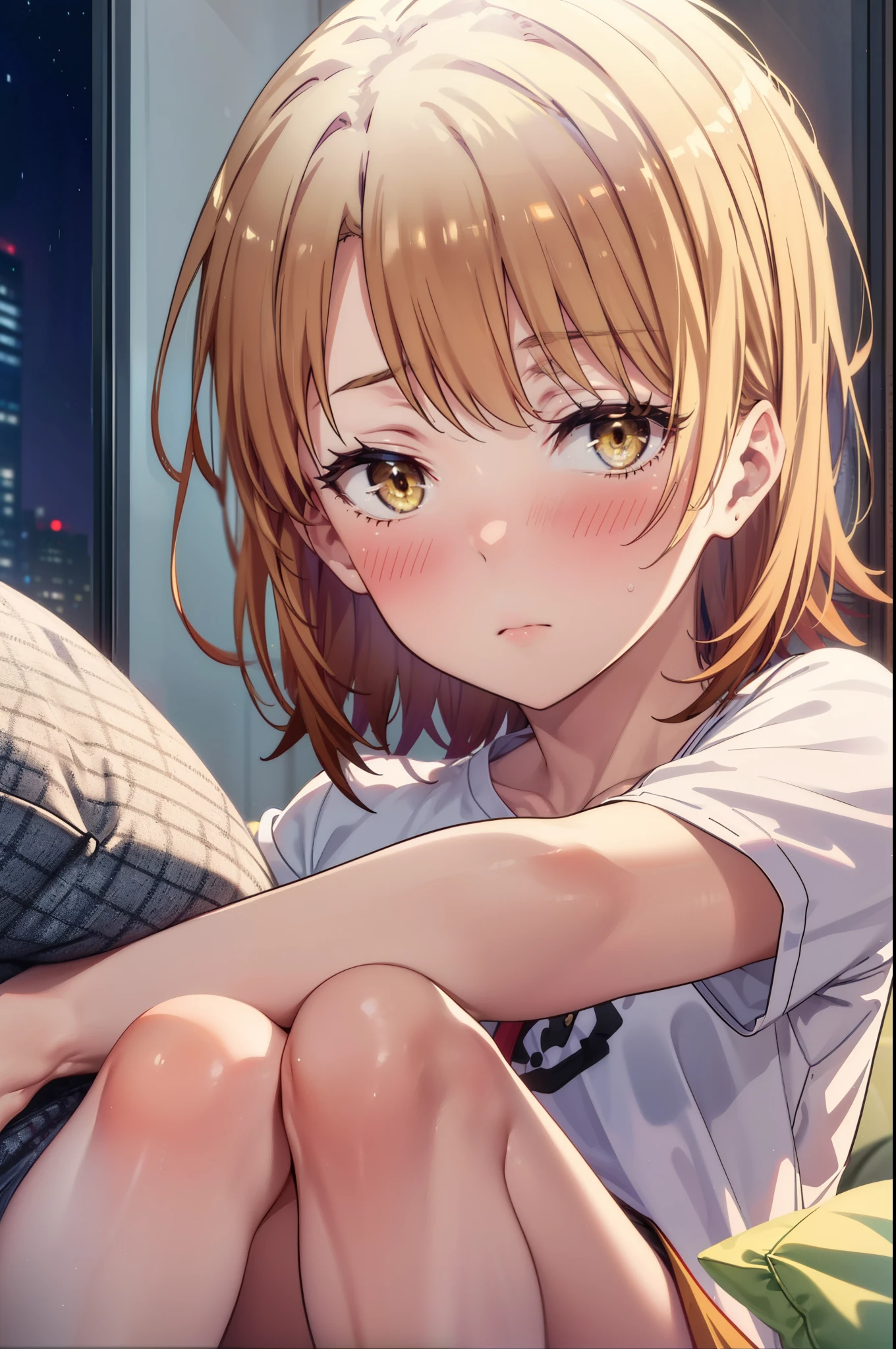 irohaisshiki, Iroha Isshiki, short hair, brown hair, (Brown eyes:1.5), blush,Looks sleepy,Embarrassing,oversized t-shirt,black string underwear,barefoot,Holding a pillow in both arms,Putting my face on the pillow,Sitting on the bed,ロマンチックな夜景
break indoors, Bedroom,
break looking at viewer,
break (masterpiece:1.2), highest quality, High resolution, unity 8k wallpaper, (figure:0.8), (Beautiful fine details:1.6), Highly detailed face, Perfect lighting, Highly detailed CG, (Perfect hands, Perfect Anatomy),