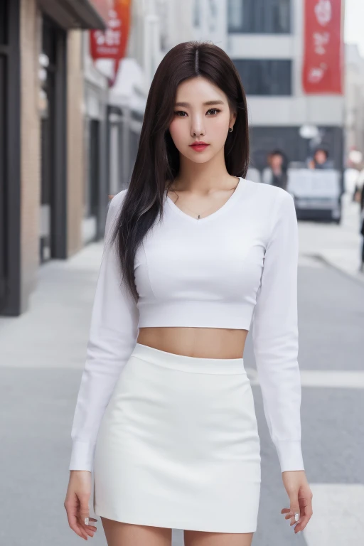 {(best quality), (realistic, photo-realistic, real), masterpiece, finely detail, highres}, {medium long shot, ambient lighting, soft lighting, soft shadows}, {(high detailed skin:1.1), beautiful skin, realistic skin}, {((yeji)), korean, idol, 1girl, solo, (brown eyes:1.2), detailed face, detailed eyes, wide eyes, square face shape, beautiful face, perfect face proportions, pretty eyes}, {realistic hair texture, (black hair:1.2)}, {looking at viewer, outside, standing in a street, with a korean city in the background, slim body, (small boobs:1.2), black tight shirt, navel, thighs, white skirt}