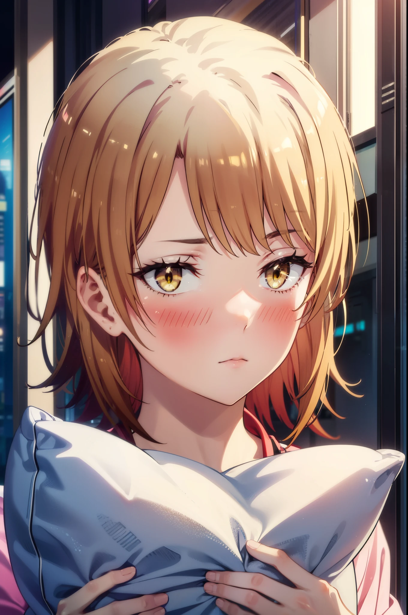 irohaisshiki, Iroha Isshiki, short hair, brown hair, (Brown eyes:1.5), blush,Looks sleepy,Embarrassing,oversized t-shirt,black string underwear,barefoot,Holding a pillow in both arms,Putting my face on the pillow,Sitting on the bed,ロマンチックな夜景
break indoors, Bedroom,
break looking at viewer,
break (masterpiece:1.2), highest quality, High resolution, unity 8k wallpaper, (figure:0.8), (Beautiful fine details:1.6), Highly detailed face, Perfect lighting, Highly detailed CG, (Perfect hands, Perfect Anatomy),