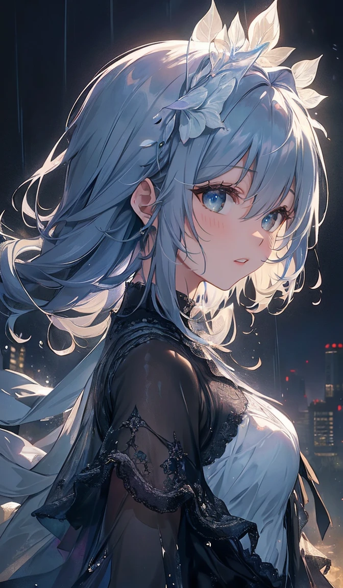 (masterpiece:1.21), (highest quality:1.331), ((Super Detail)), ((Great illustrations)), ((Phenomenal)), (super high quality), Gorgeous and rich graphics,
(Very delicate and beautiful:1.21), 8k, wallpaper, (Very beautiful lighting), Hard Light, Delicate composition, (Perfect composition), (Very beautiful、Detailed Background:1.21), Rembrandt-inspired play on light and shadow, Dark tones, (Discreet and highly dispersed color scale), ((Depth of written boundary)), Deep Shadow,
Dynamic Angle, From the side, Upper Body, Radial blur,
rain, (City lights, blurred background),
(1 girl), (Beautiful eyes in every detail), Clear blue eyes,
fatigue
transparent raincoat, Wet clothes, Wet Skin, Wet hair dripping,
Lens flare,, masterpiece, highest quality, Clothes are see-through,