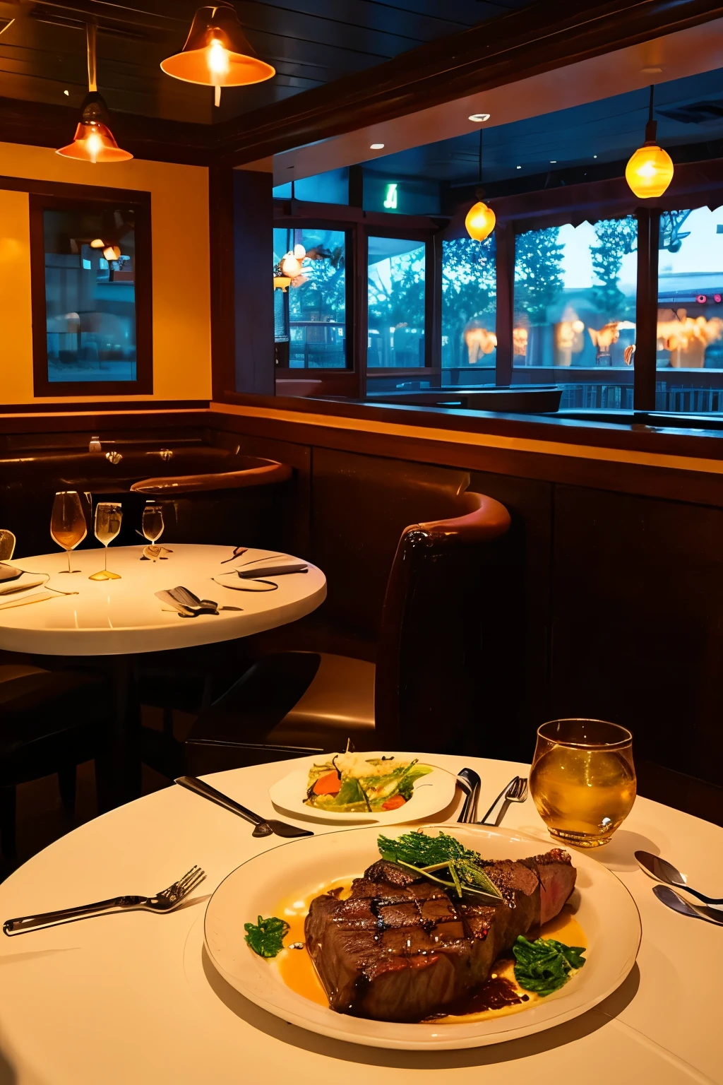 A restaurant with a lone table with steak on it
