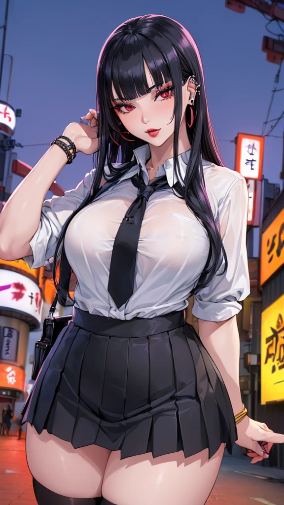 (in 8K、A high resolution、Best Quality、 masuter piece、unreal engine、top-quality、From the thighs up:1.2),(Natural Skin Texture、Detailed skin、Beautiful skin、ultra sharpness),intricate detailes、Extraordinary beauty,(((high breasts,voluptuous body、1 Japanese woman,20 to 25 years old,adult lady,Height 5'9"))),(((an extremely cute and beautiful face,pale skin,empty eyes,eye bags,eyelash extension,blunt bangs,black hair,long hair,two-tone color hair with black and violet))),(solo:1.6),(white shirt,pleated skirt to the thighs,bolo tie,bracelet,ear piercings:1.4),(school bag:1.2),(dip-dye hair,outdoors,Tokyo,Kabukicho,night:1.5),((red eyeshadow, dark red lipsticks, strong eyelines)),safetensors,KPG,